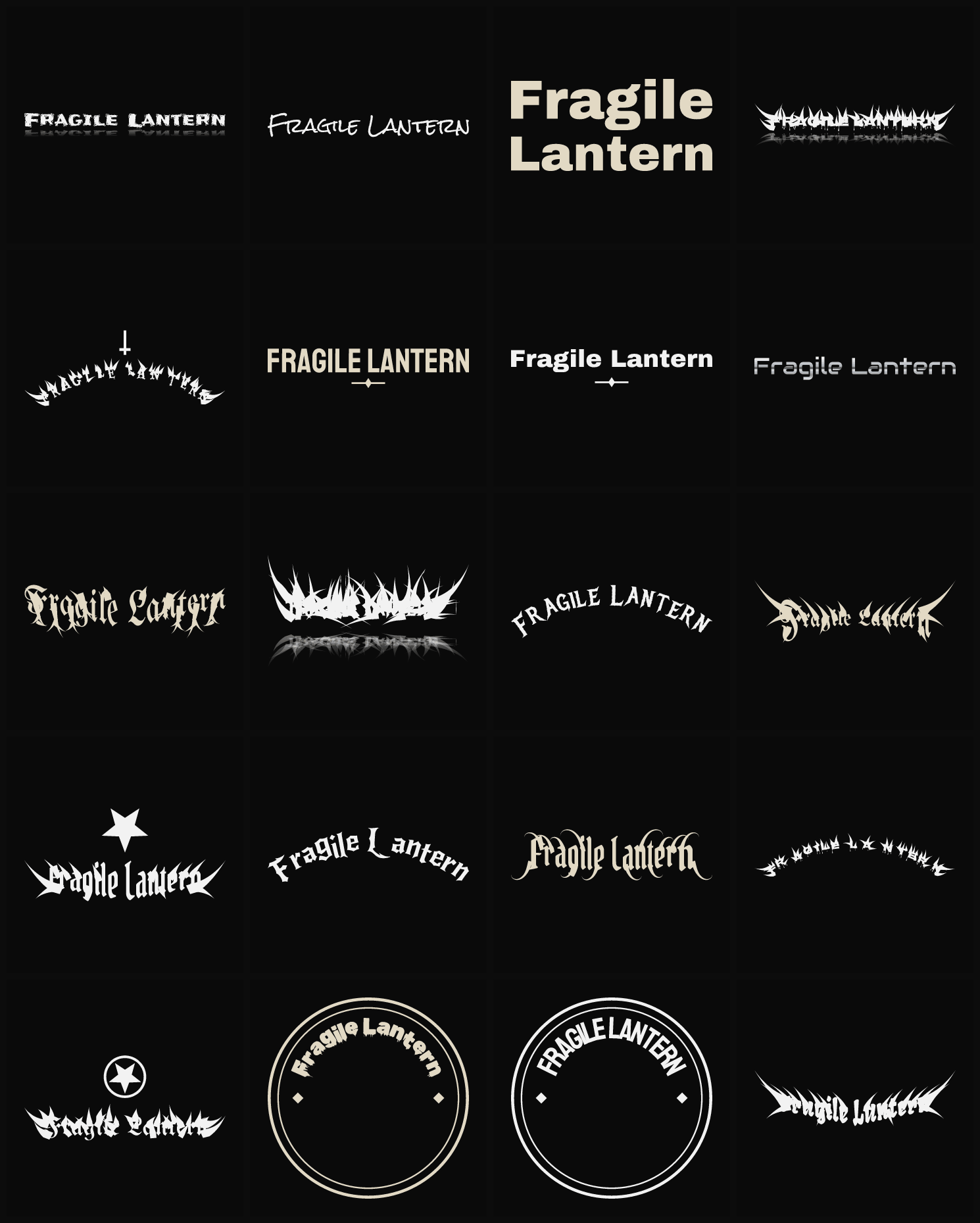Twenty Fragile Lantern band logo ideas — different faces, treatments and spike settings