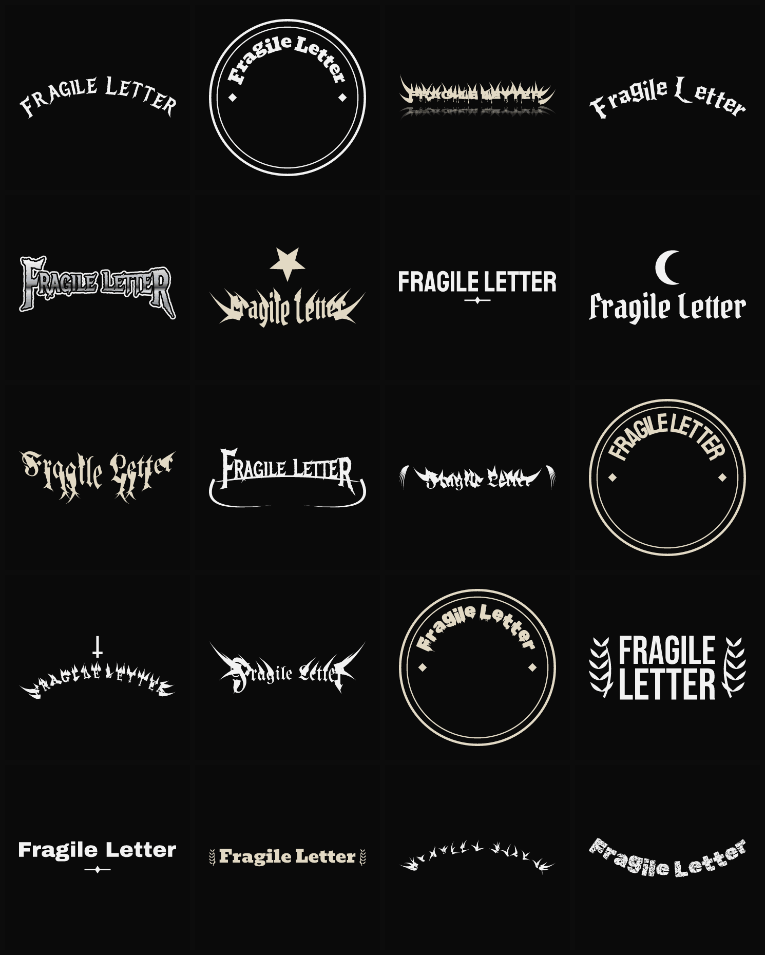 Twenty Fragile Letter band logo ideas — different faces, treatments and spike settings