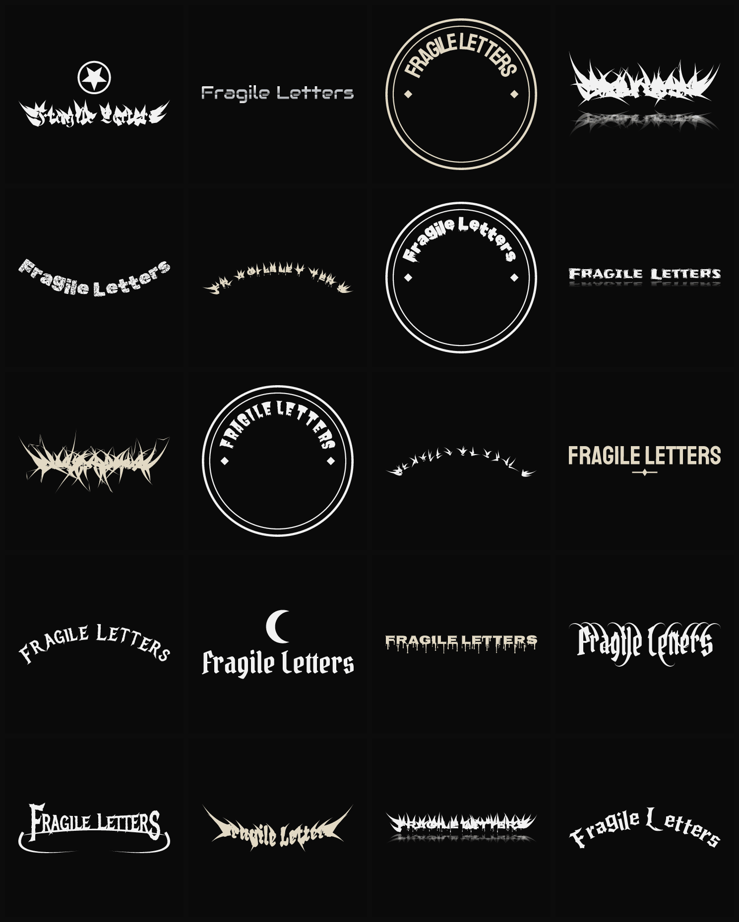 Twenty Fragile Letters band logo ideas — different faces, treatments and spike settings