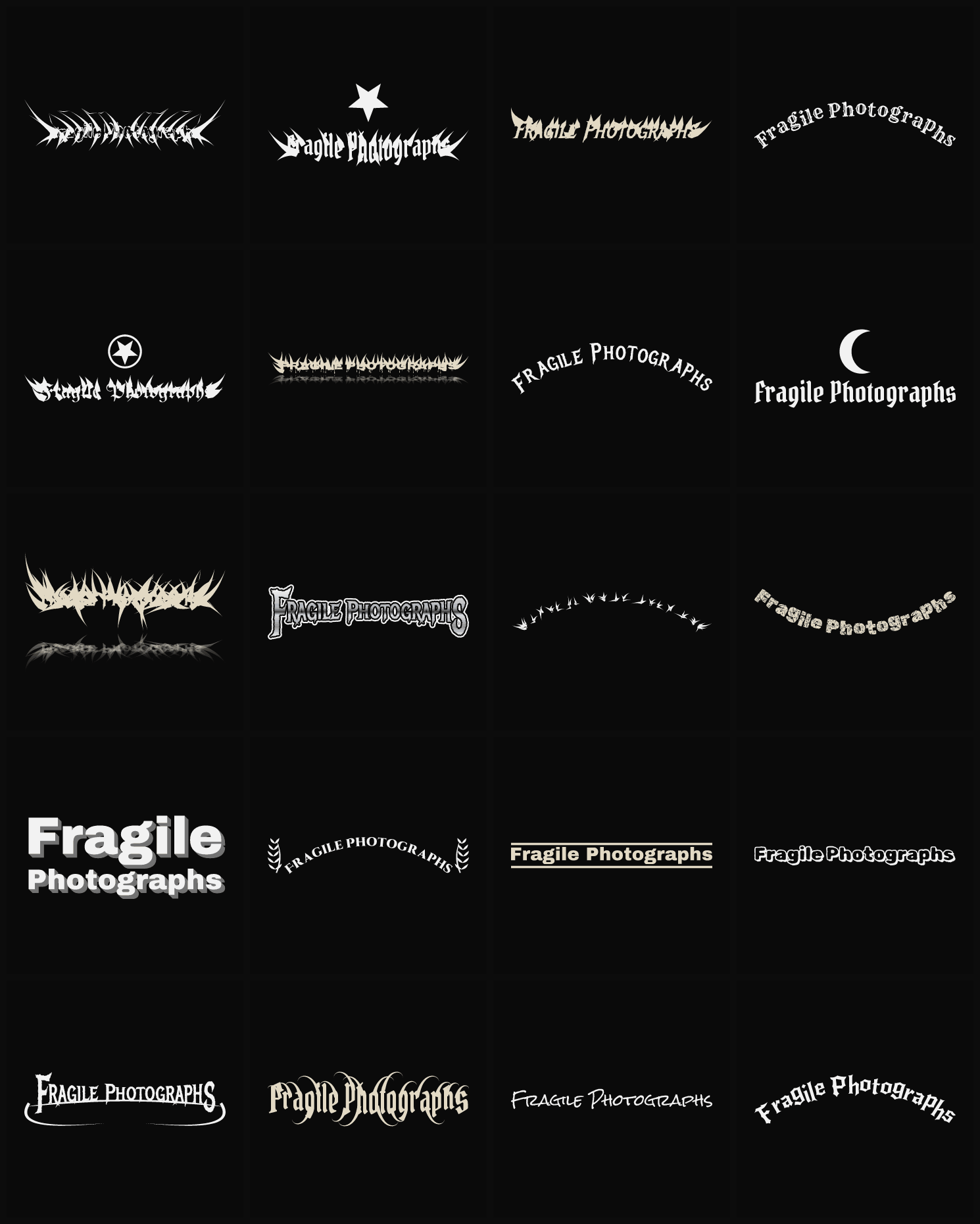 Twenty Fragile Photographs band logo ideas — different faces, treatments and spike settings