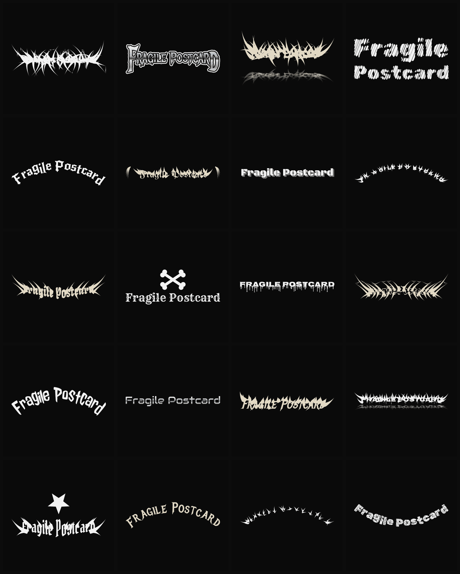 Twenty Fragile Postcard band logo ideas — different faces, treatments and spike settings