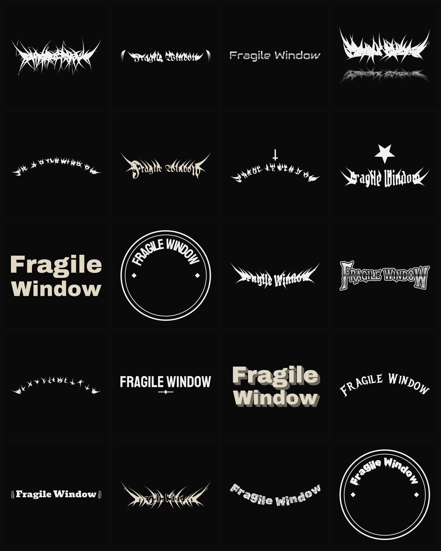 Twenty Fragile Window band logo ideas — different faces, treatments and spike settings