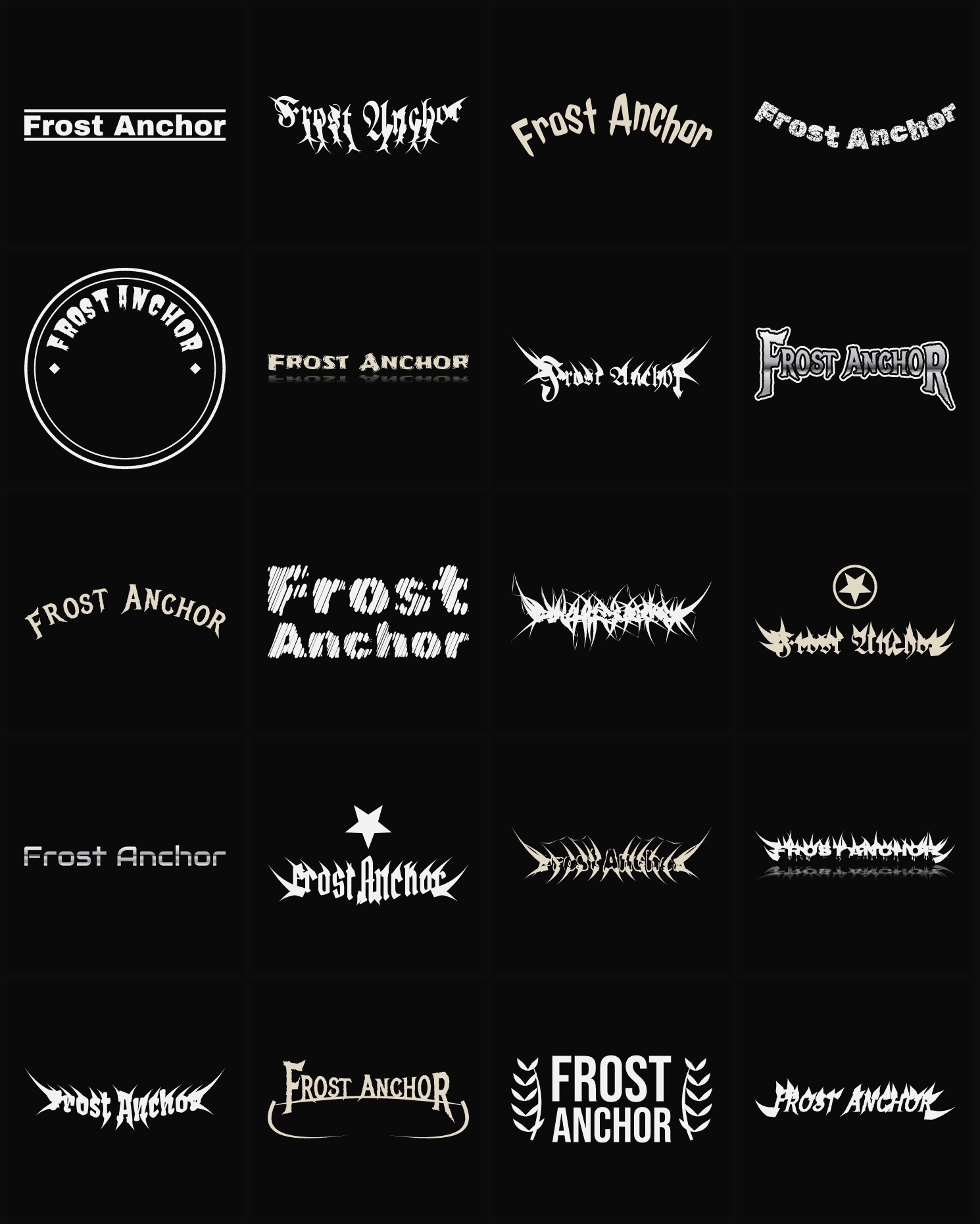 Twenty Frost Anchor band logo ideas — different faces, treatments and spike settings