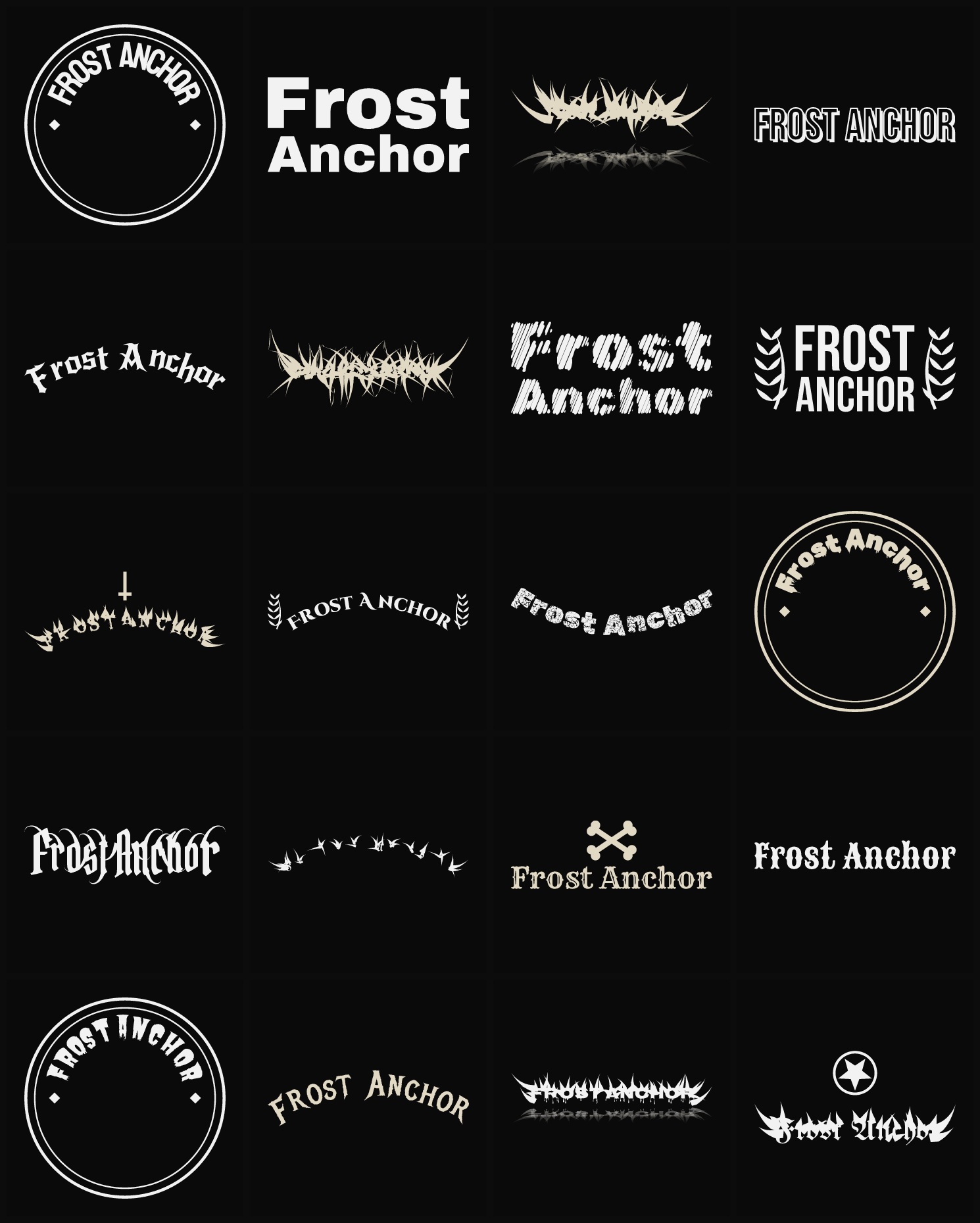 Twenty Frost Anchor band logo ideas — different faces, treatments and spike settings
