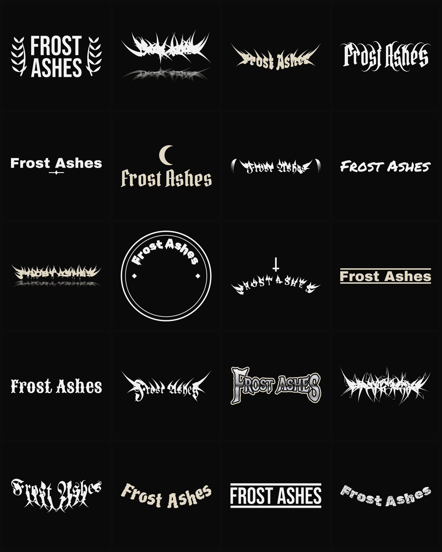 Twenty Frost Ashes band logo ideas — different faces, treatments and spike settings
