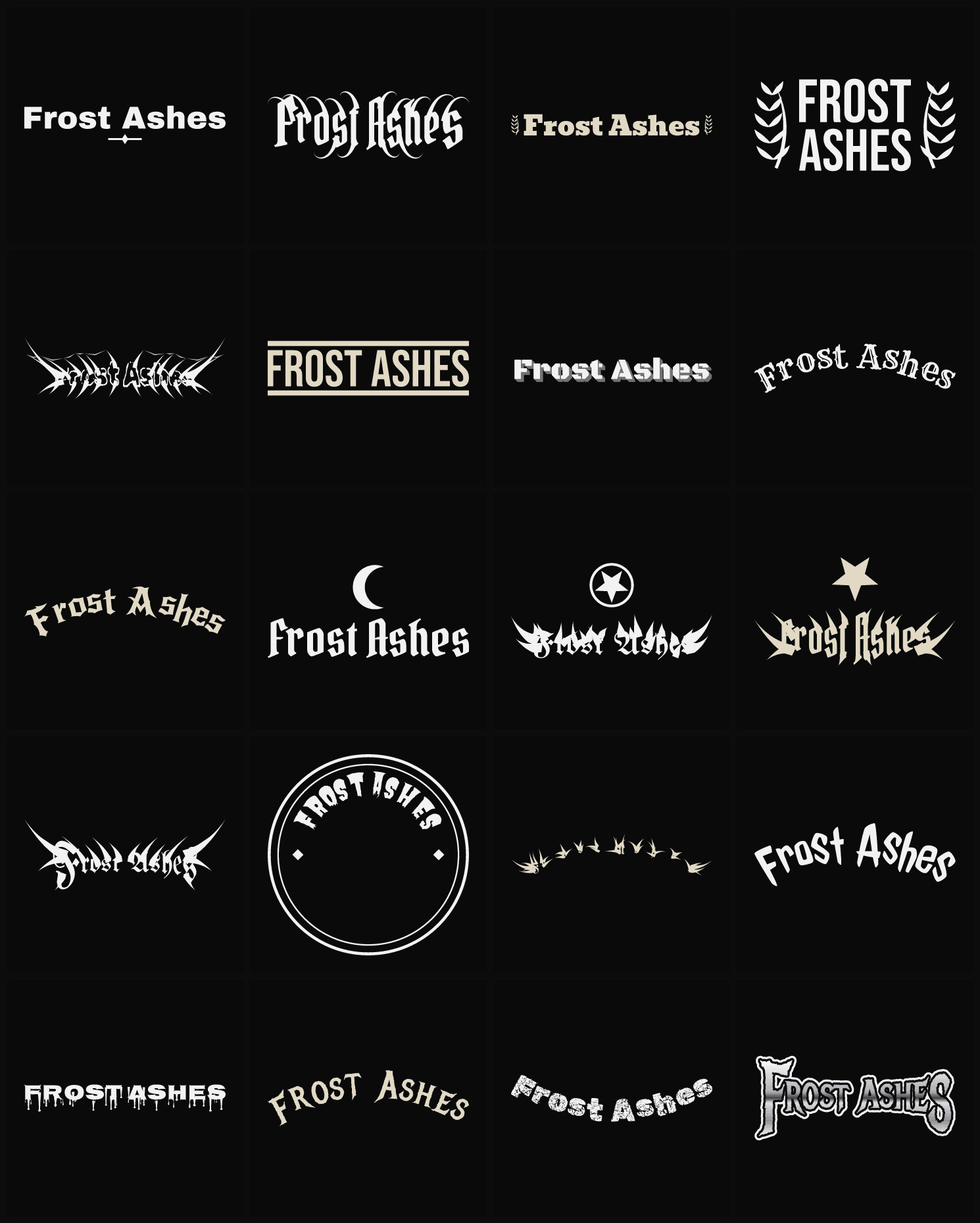 Twenty Frost Ashes band logo ideas — different faces, treatments and spike settings