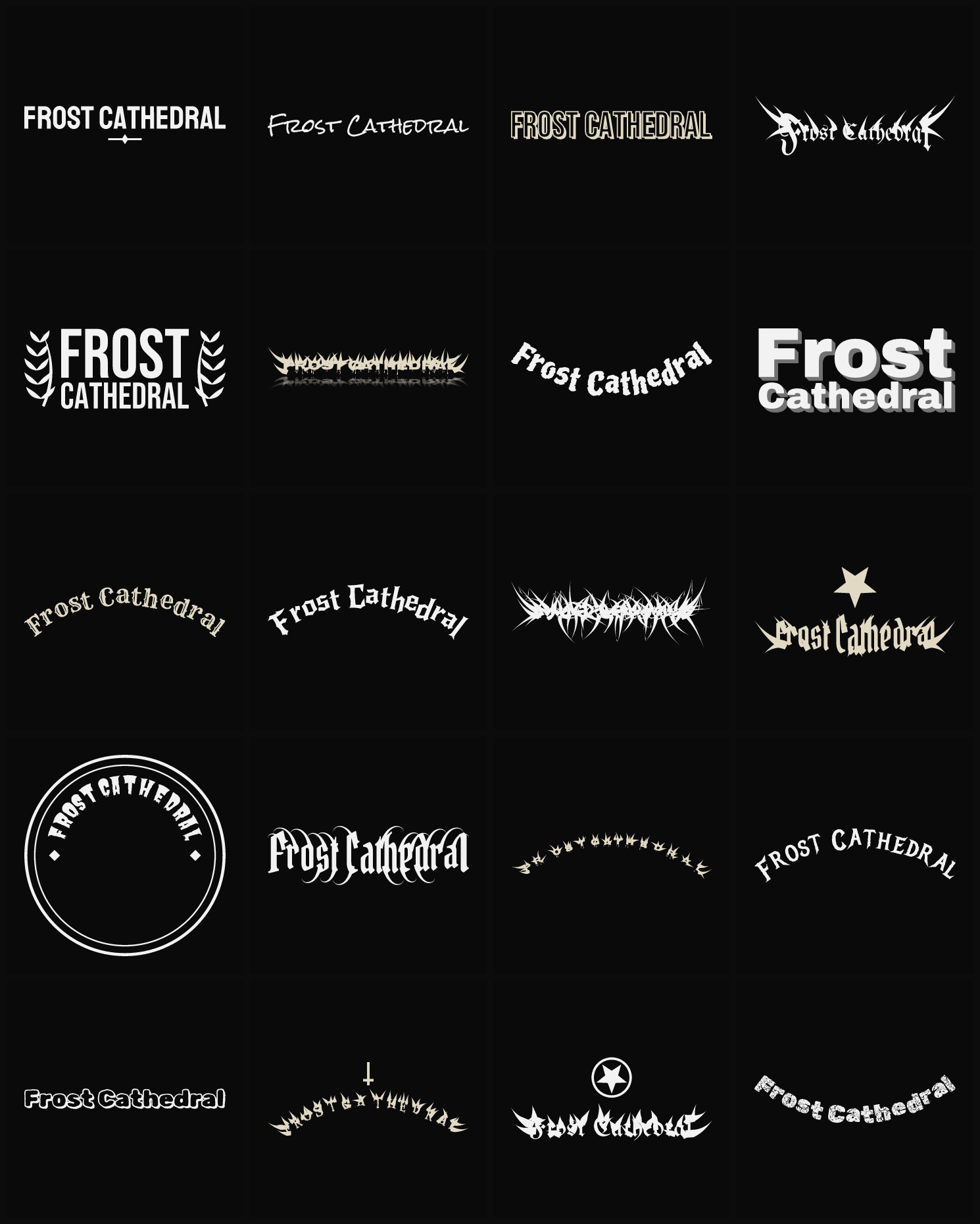 Twenty Frost Cathedral band logo ideas — different faces, treatments and spike settings