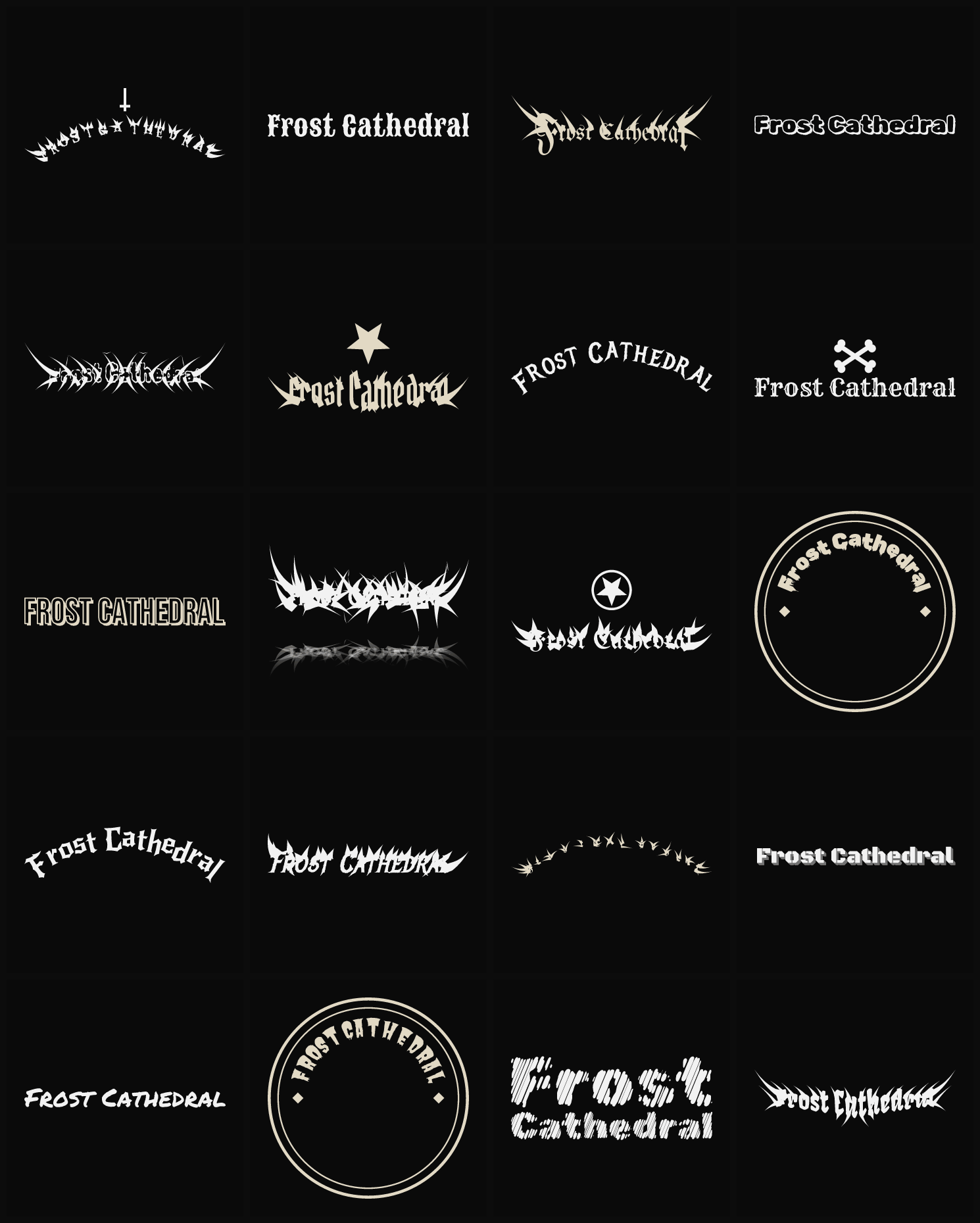 Twenty Frost Cathedral band logo ideas — different faces, treatments and spike settings