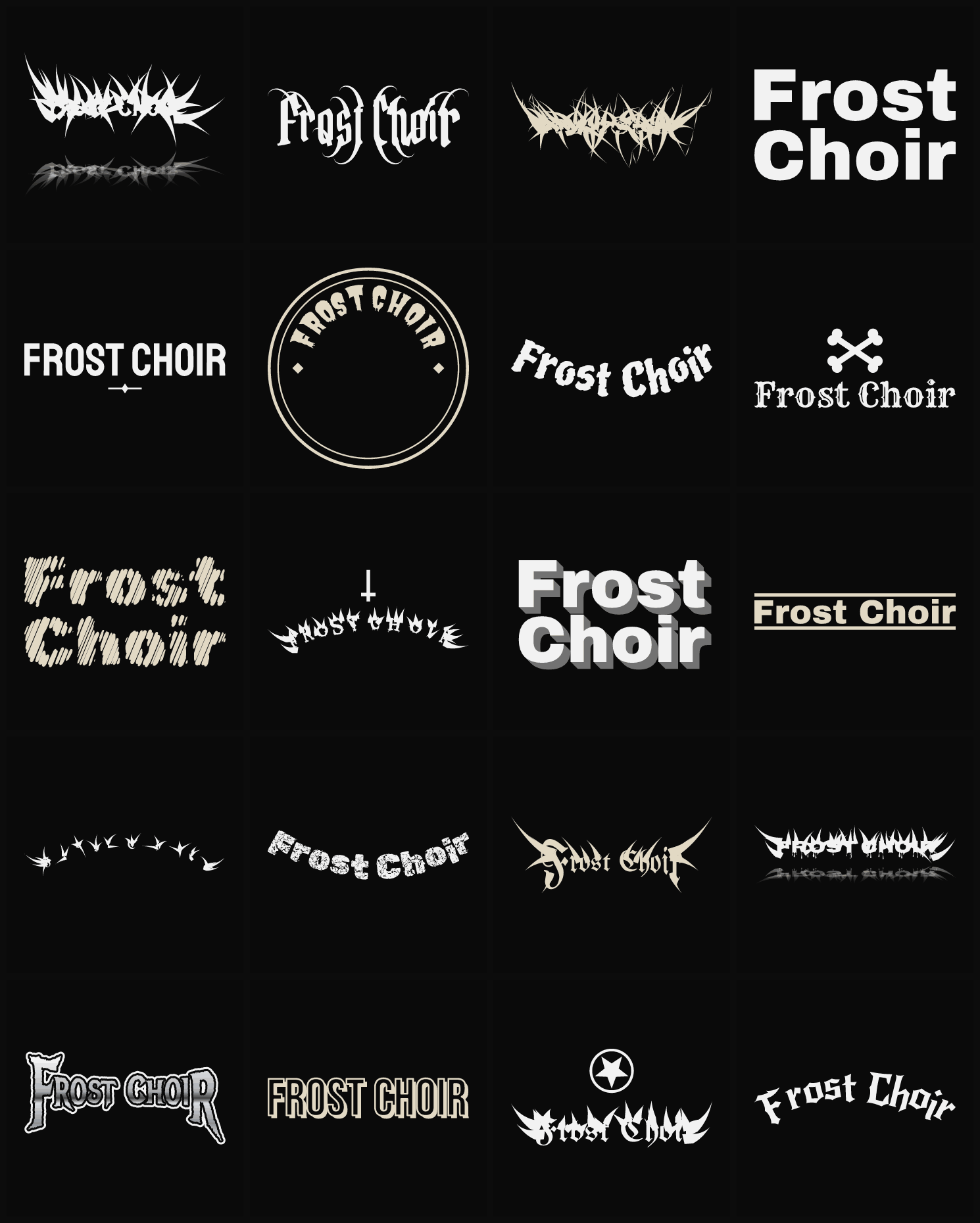 Twenty Frost Choir band logo ideas — different faces, treatments and spike settings
