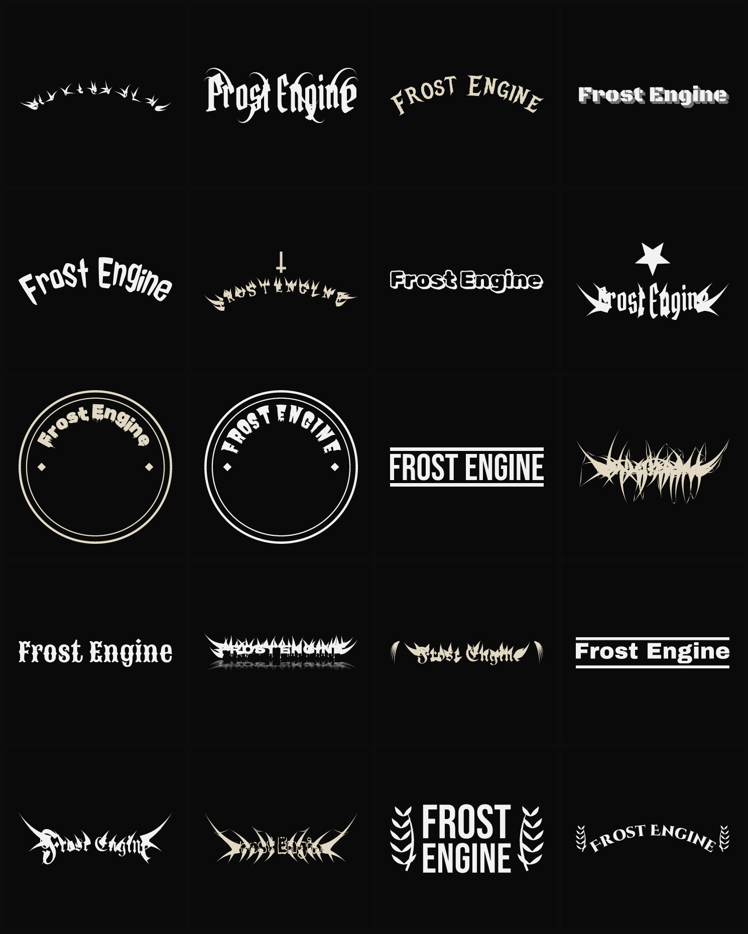 Twenty Frost Engine band logo ideas — different faces, treatments and spike settings