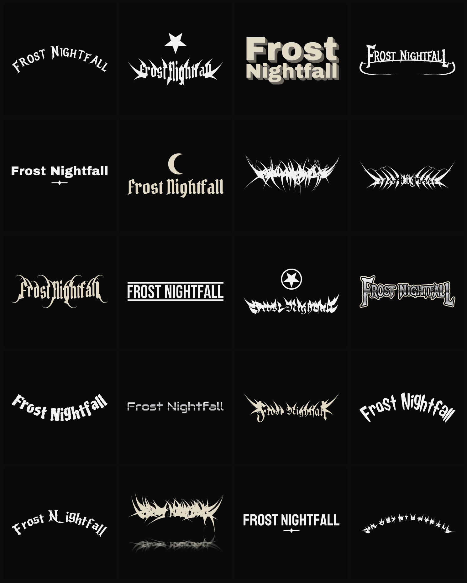 Twenty Frost Nightfall band logo ideas — different faces, treatments and spike settings