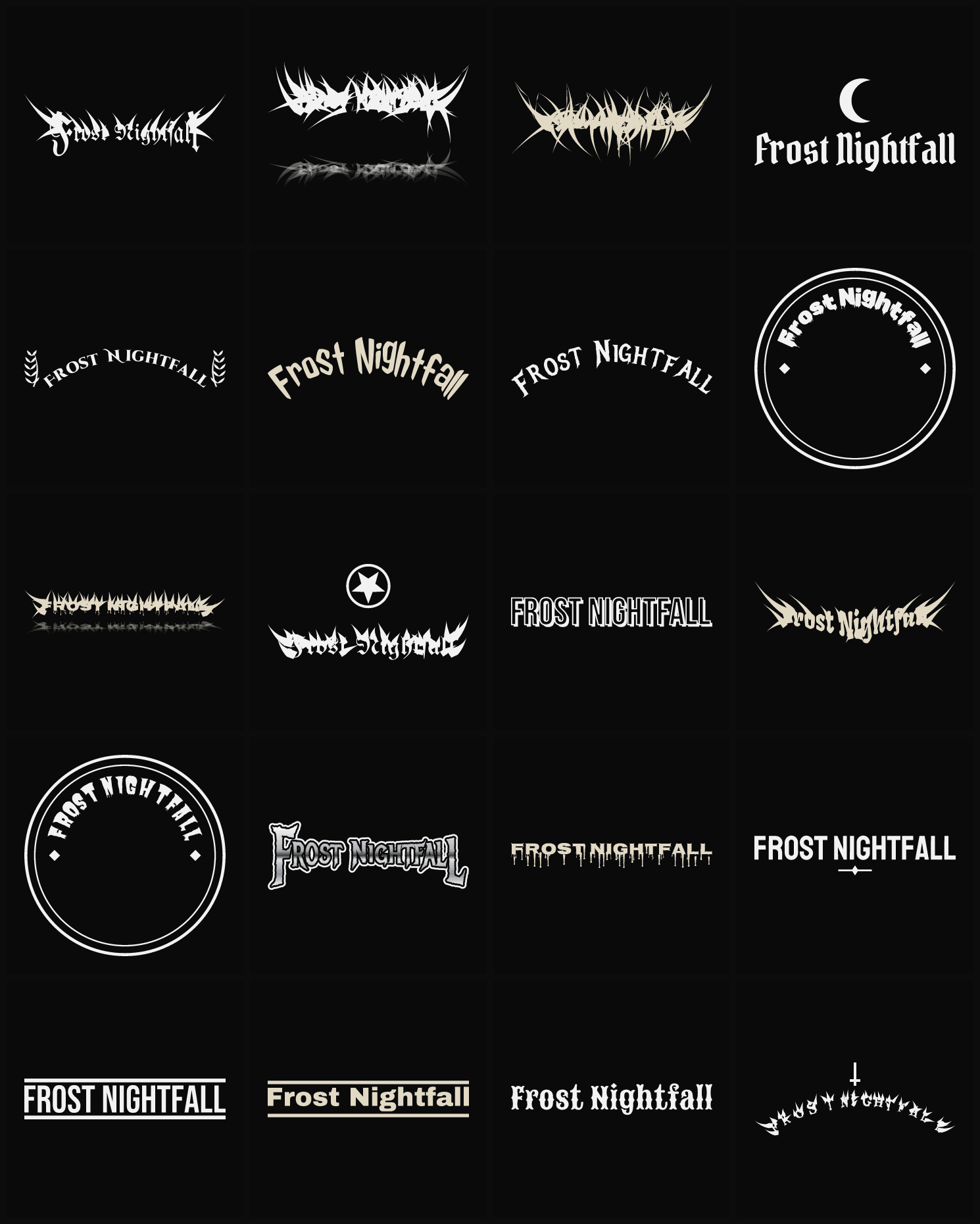 Twenty Frost Nightfall band logo ideas — different faces, treatments and spike settings