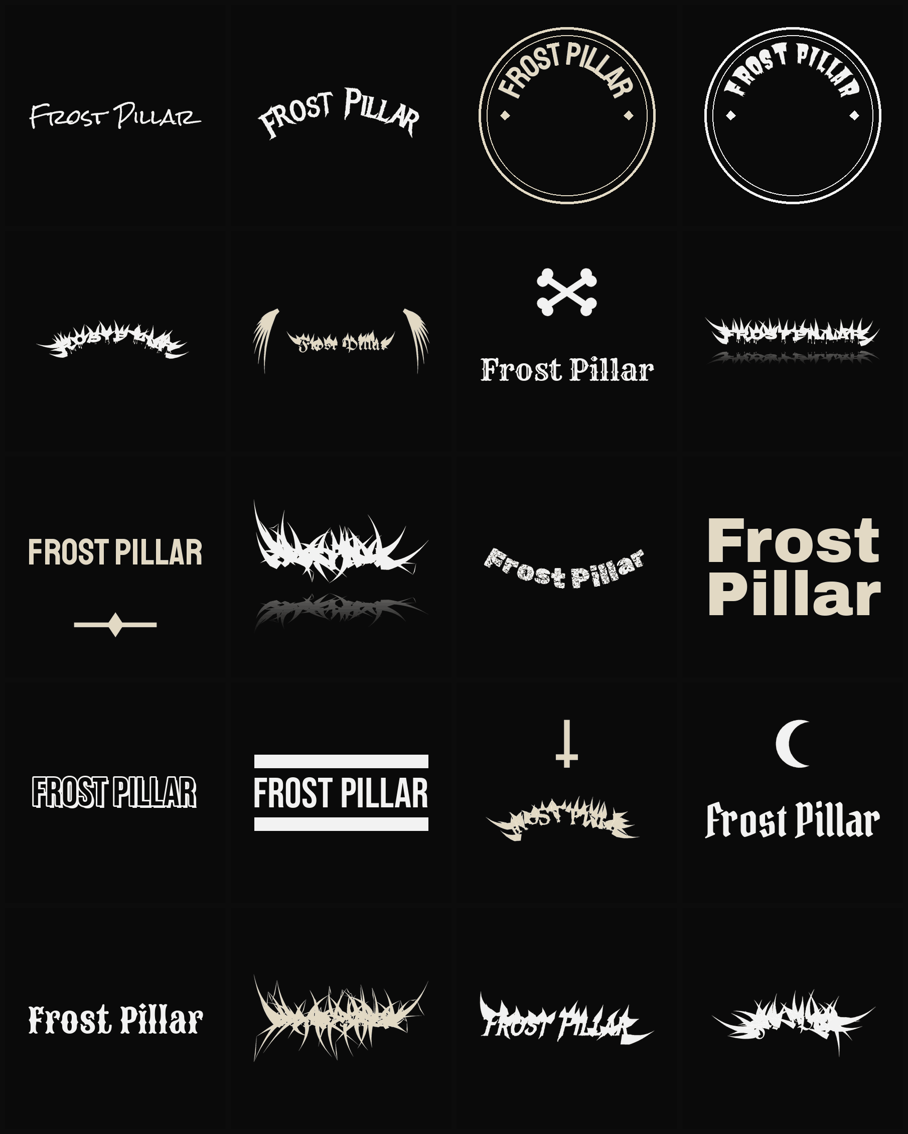 Twenty Frost Pillar band logo ideas — different faces, treatments and spike settings