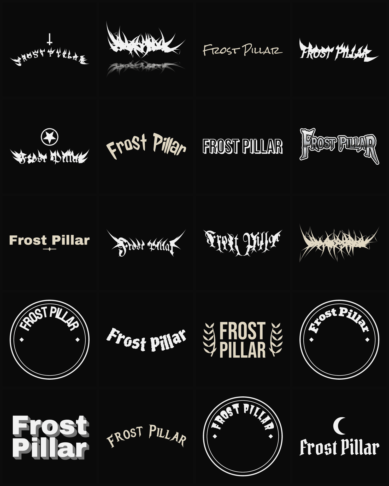 Twenty Frost Pillar band logo ideas — different faces, treatments and spike settings