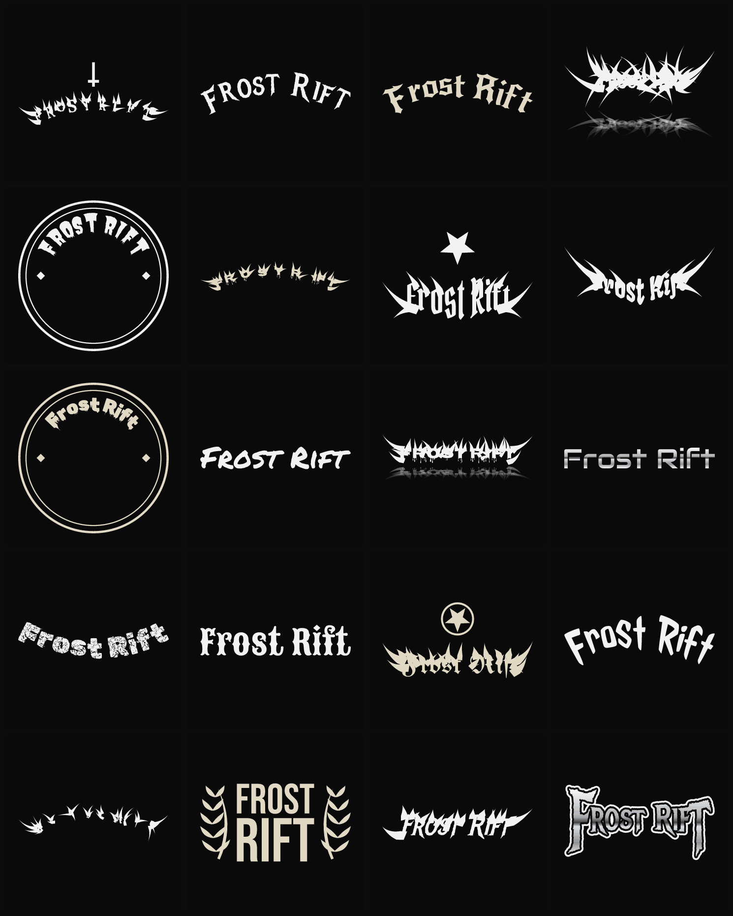 Twenty Frost Rift band logo ideas — different faces, treatments and spike settings