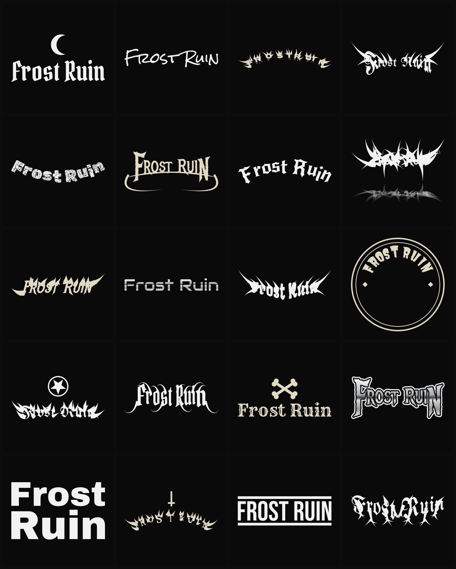 Twenty Frost Ruin band logo ideas — different faces, treatments and spike settings