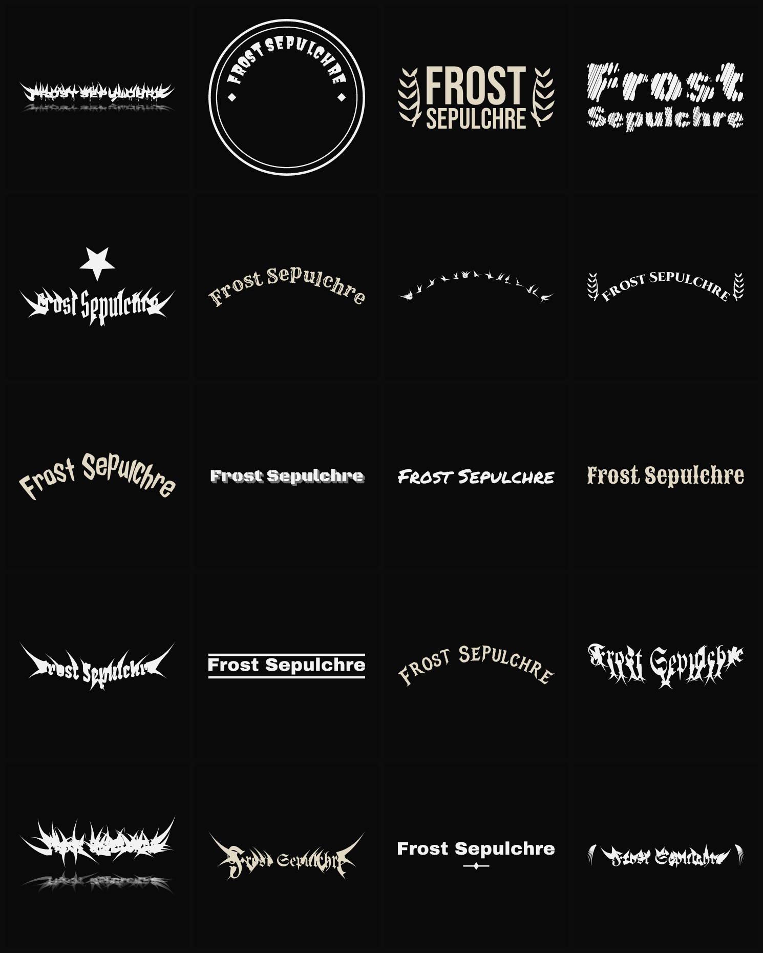 Twenty Frost Sepulchre band logo ideas — different faces, treatments and spike settings