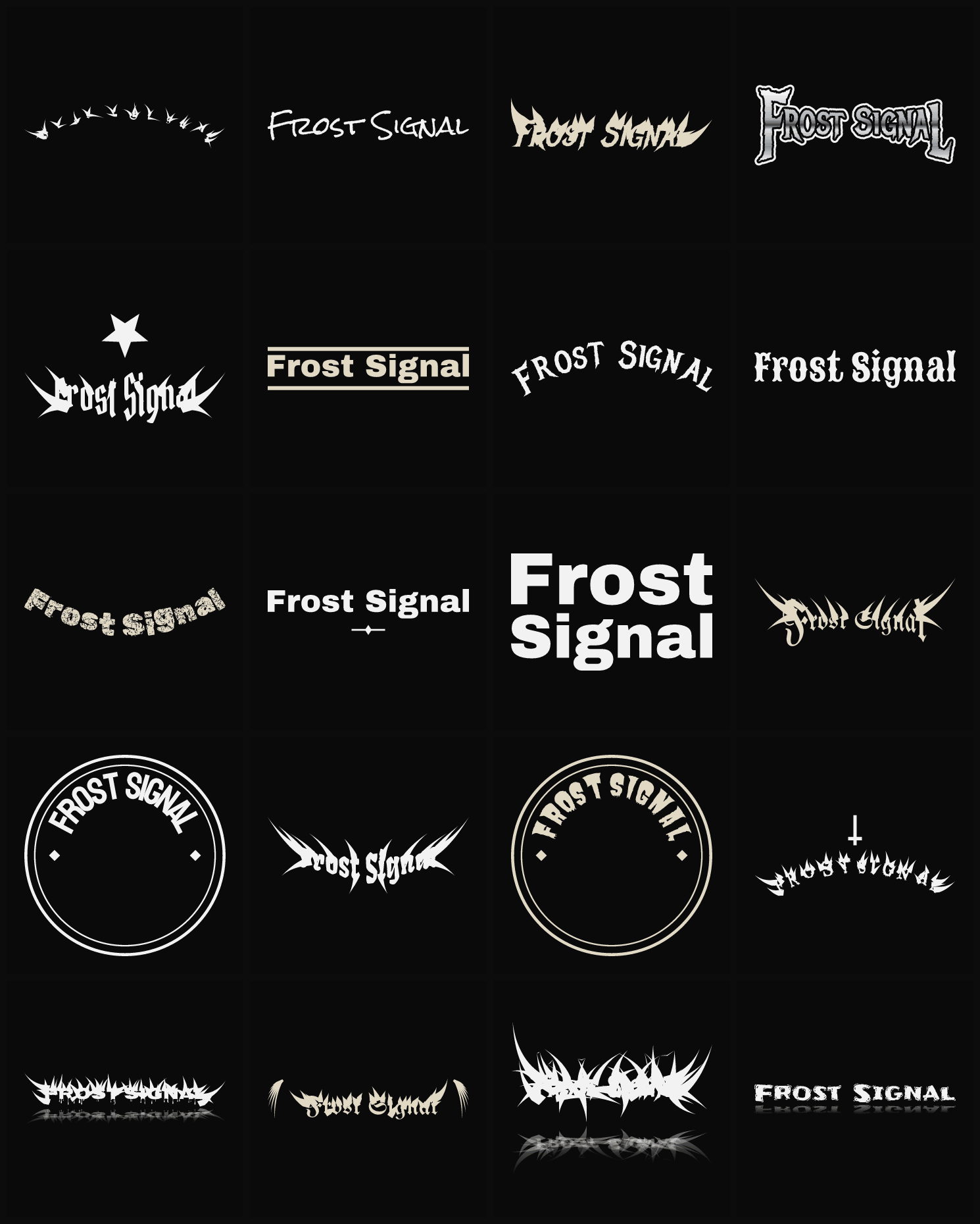 Twenty Frost Signal band logo ideas — different faces, treatments and spike settings