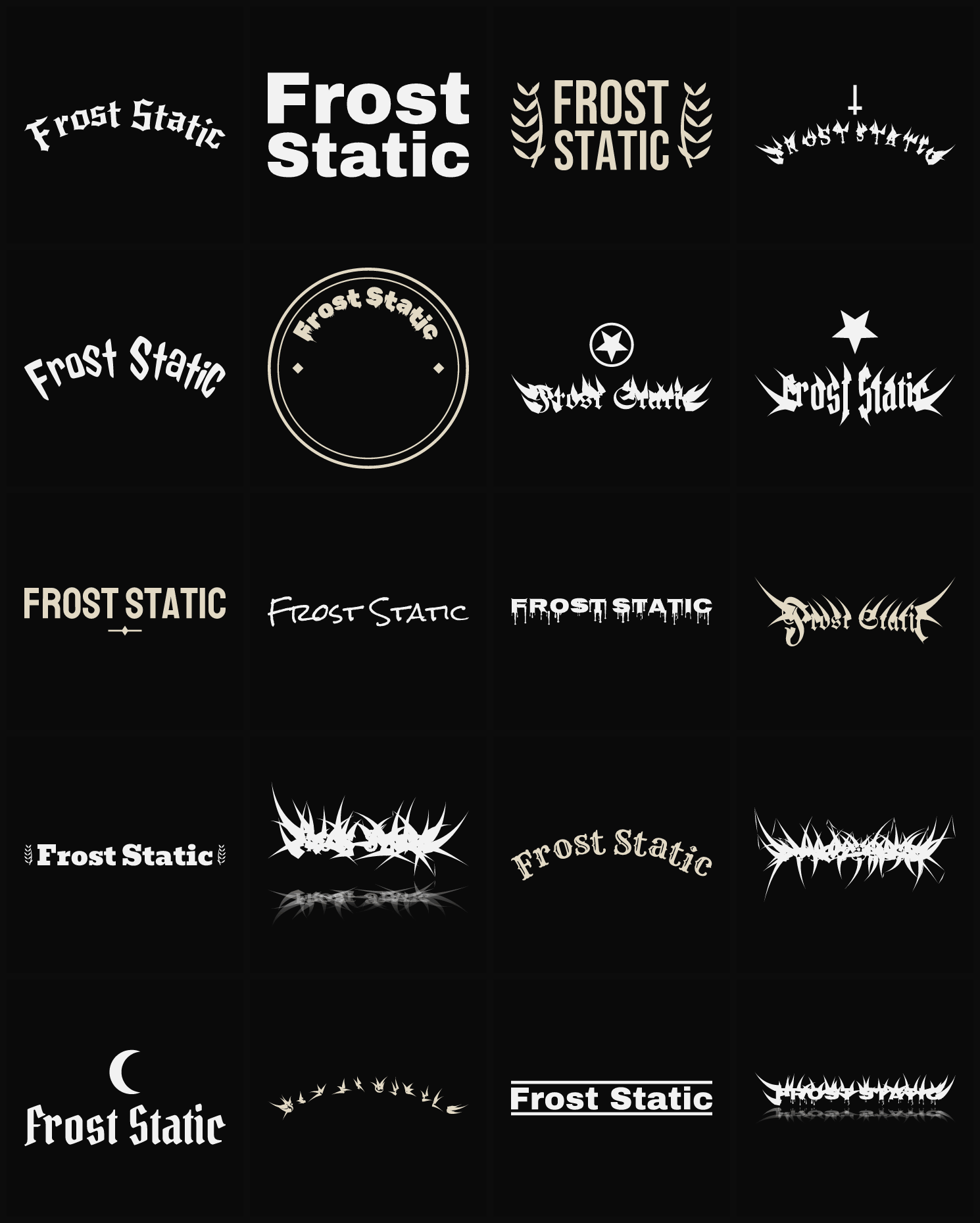 Twenty Frost Static band logo ideas — different faces, treatments and spike settings