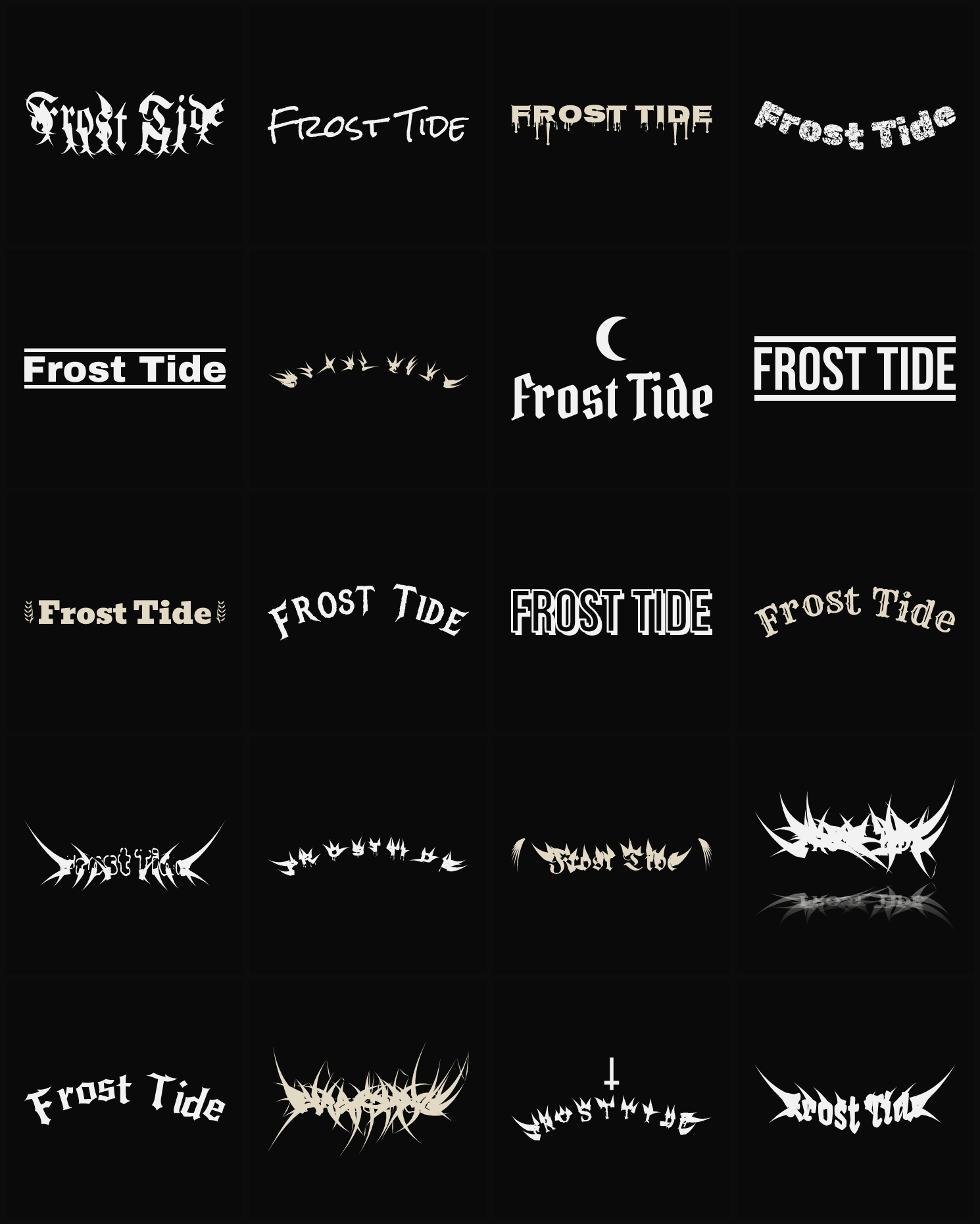 Twenty Frost Tide band logo ideas — different faces, treatments and spike settings