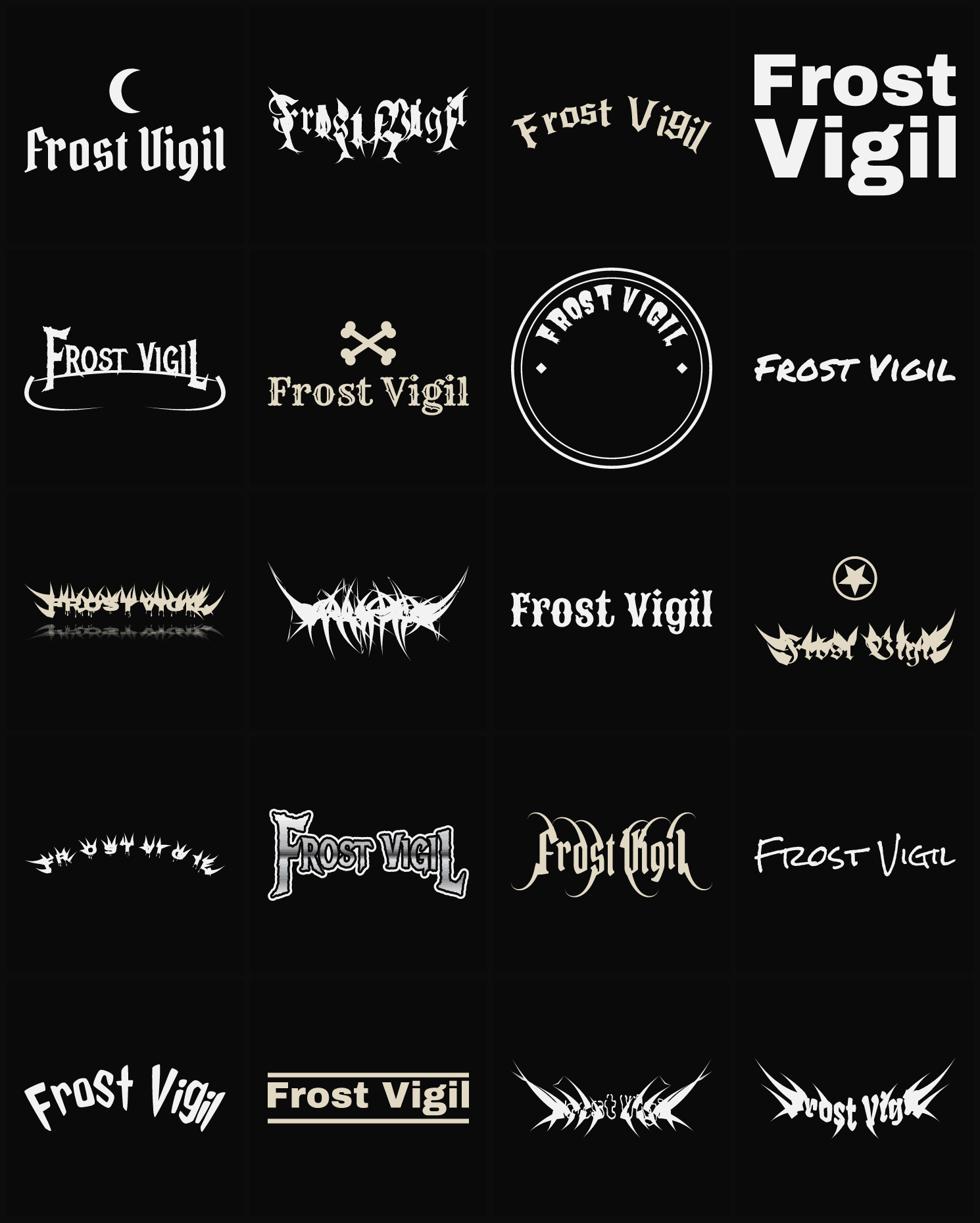 Twenty Frost Vigil band logo ideas — different faces, treatments and spike settings