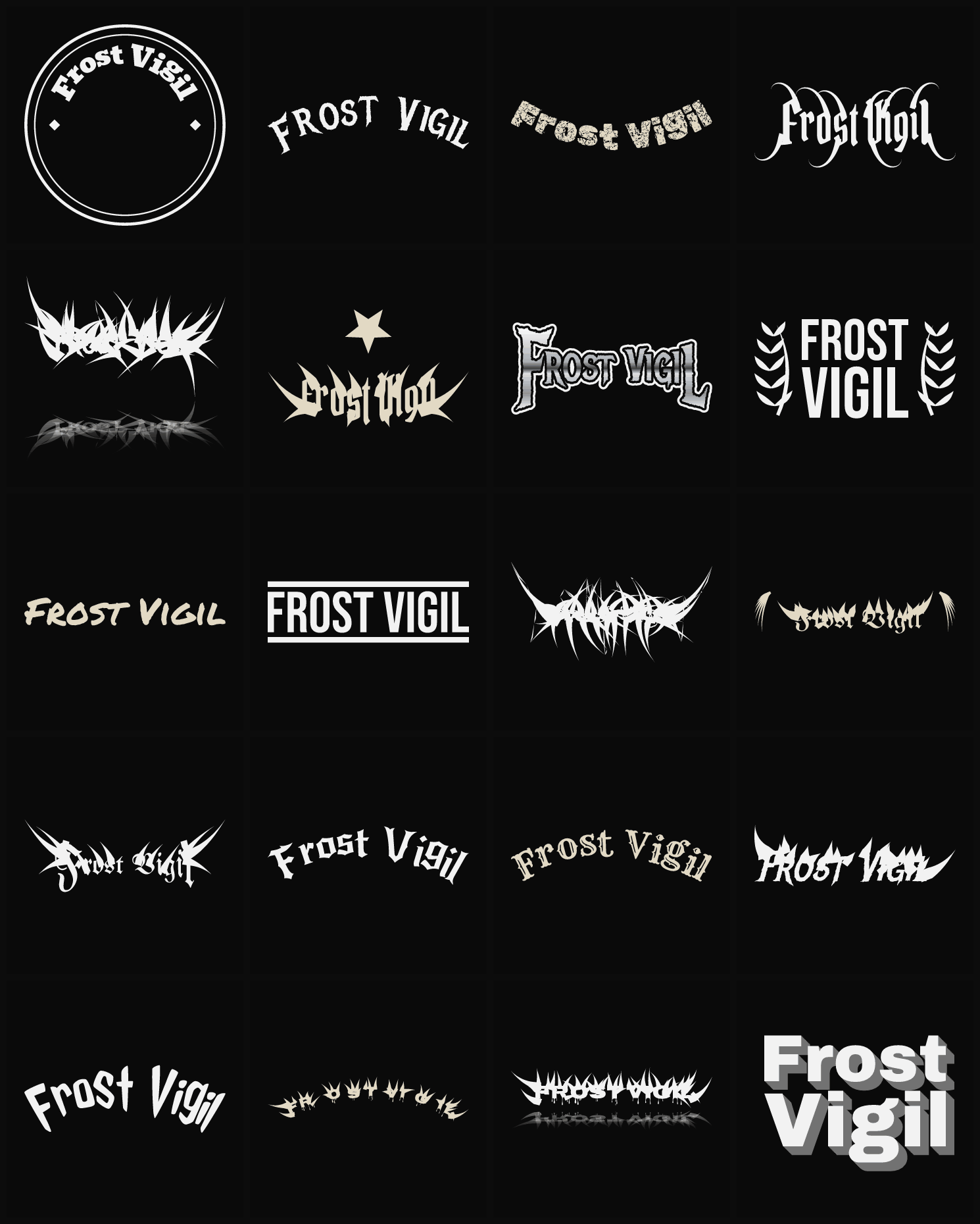 Twenty Frost Vigil band logo ideas — different faces, treatments and spike settings