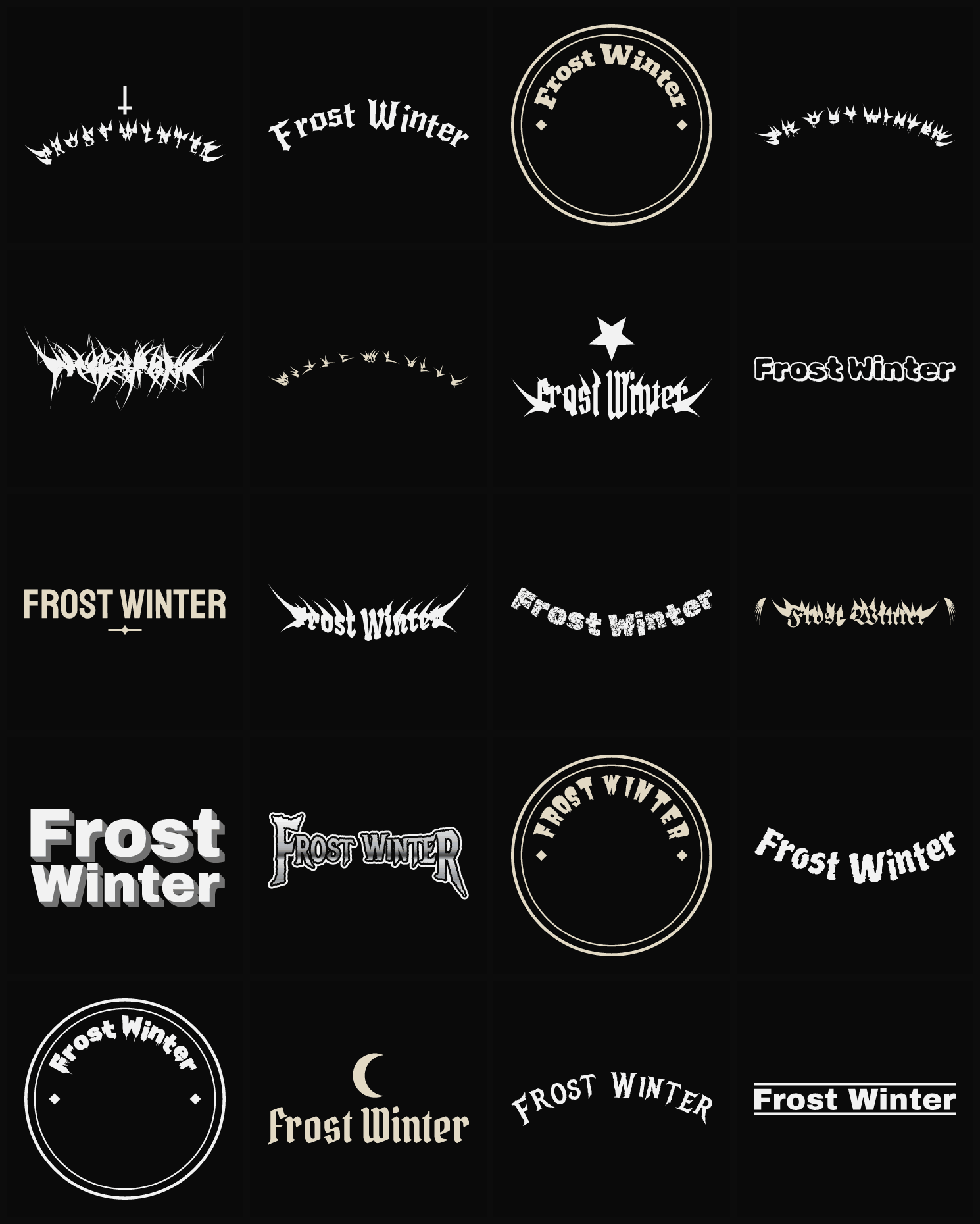 Twenty Frost Winter band logo ideas — different faces, treatments and spike settings