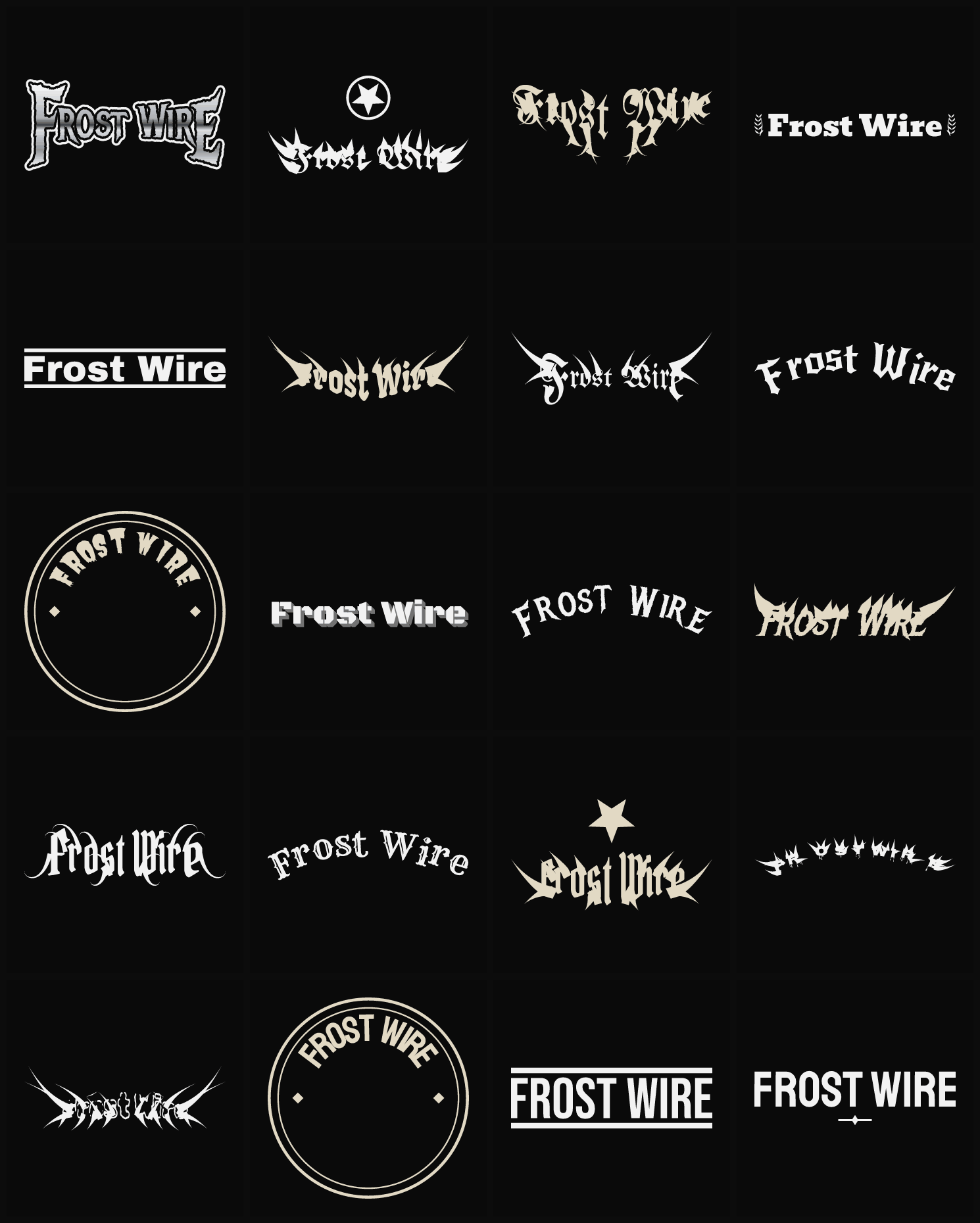 Twenty Frost Wire band logo ideas — different faces, treatments and spike settings