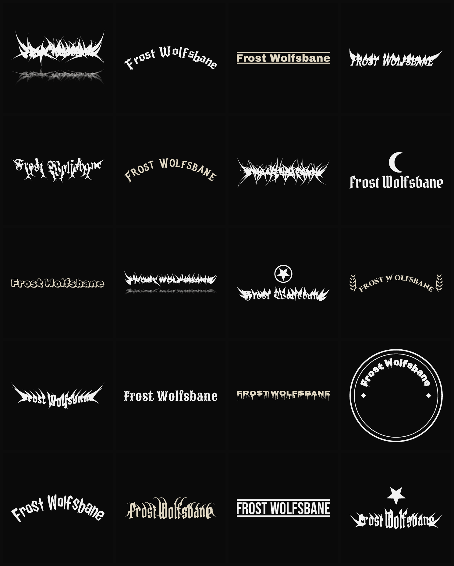 Twenty Frost Wolfsbane band logo ideas — different faces, treatments and spike settings