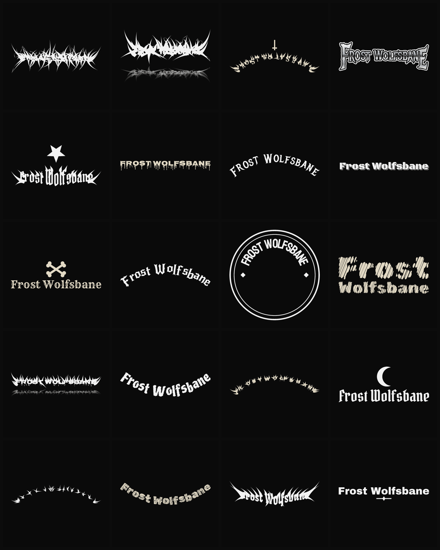 Twenty Frost Wolfsbane band logo ideas — different faces, treatments and spike settings