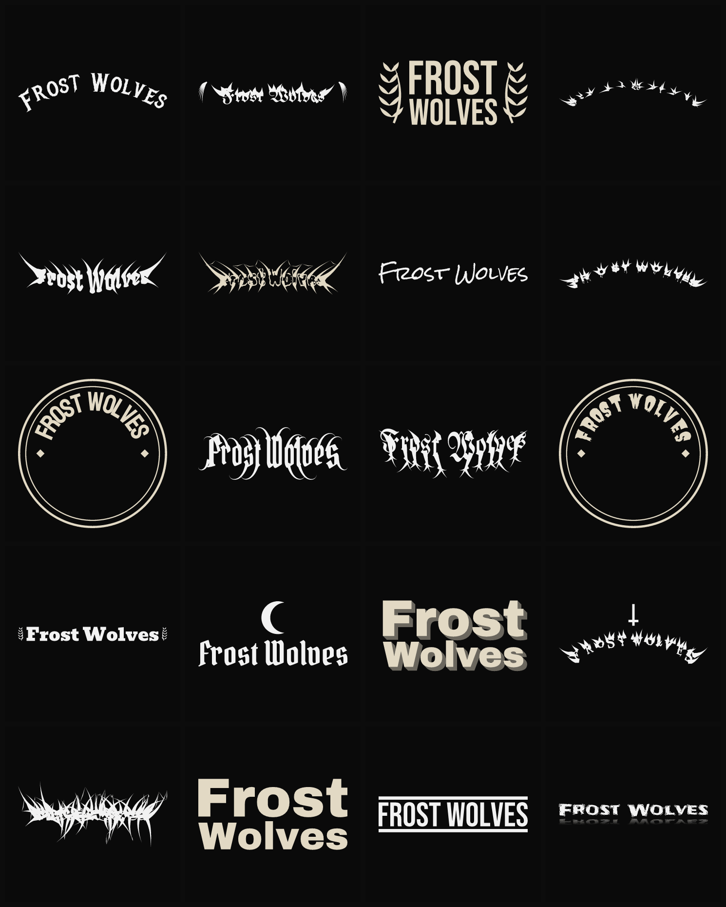 Twenty Frost Wolves band logo ideas — different faces, treatments and spike settings