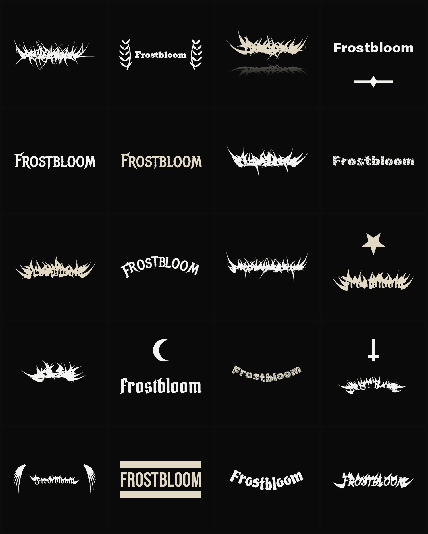 Twenty Frostbloom band logo ideas — different faces, treatments and spike settings