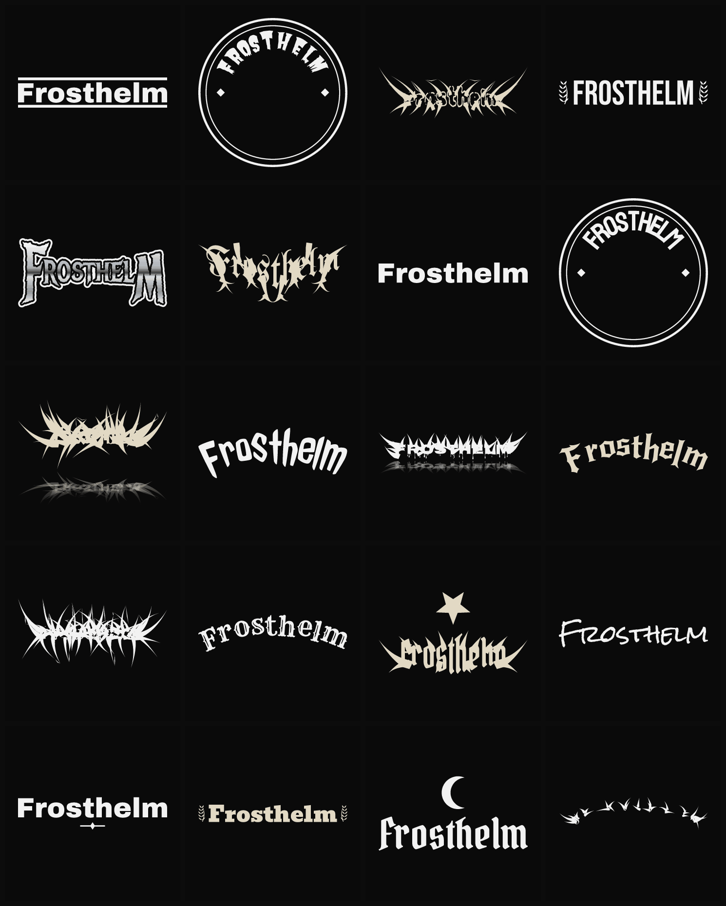 Twenty Frosthelm band logo ideas — different faces, treatments and spike settings