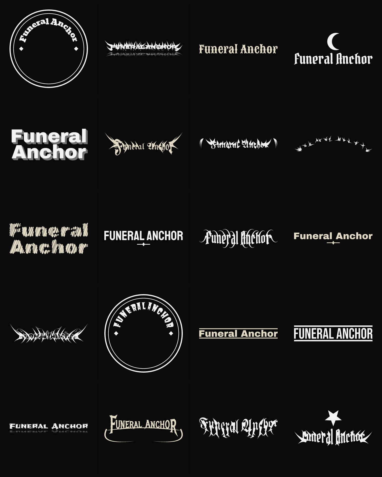 Twenty Funeral Anchor band logo ideas — different faces, treatments and spike settings