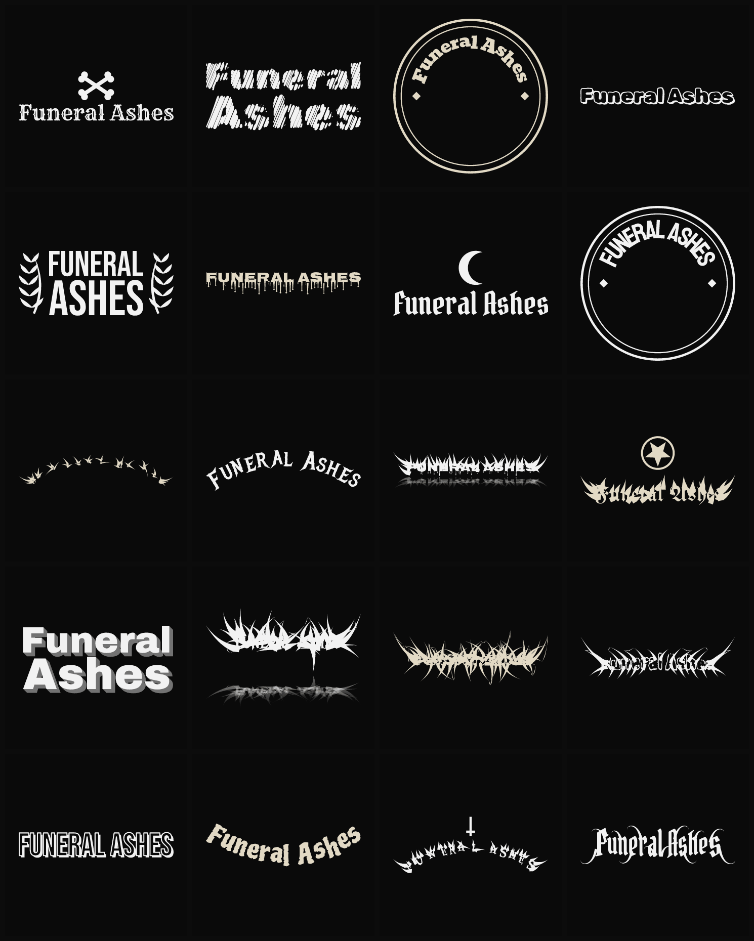 Twenty Funeral Ashes band logo ideas — different faces, treatments and spike settings