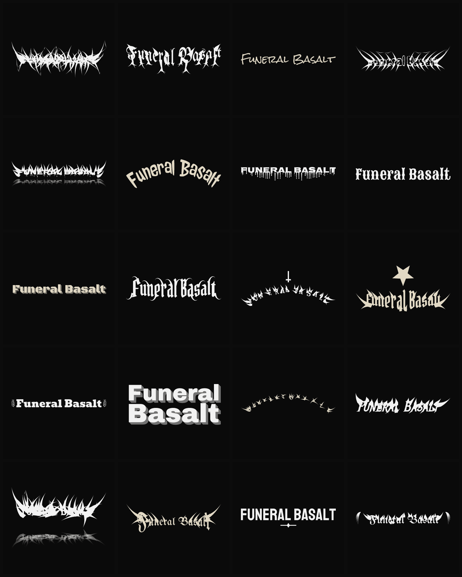 Twenty Funeral Basalt band logo ideas — different faces, treatments and spike settings