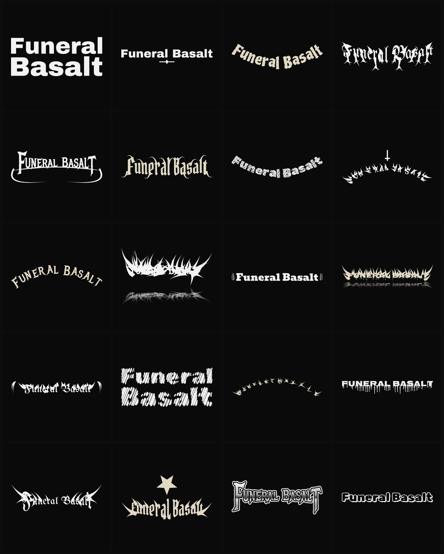 Twenty Funeral Basalt band logo ideas — different faces, treatments and spike settings