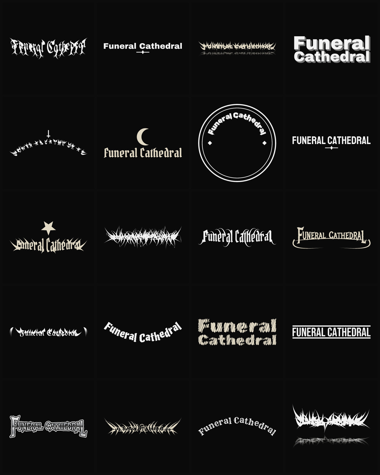Twenty Funeral Cathedral band logo ideas — different faces, treatments and spike settings