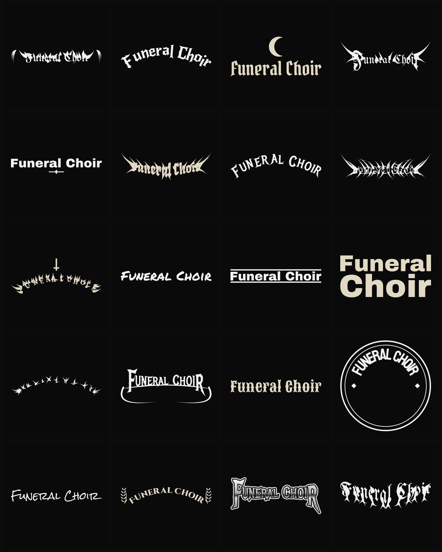 Twenty Funeral Choir band logo ideas — different faces, treatments and spike settings