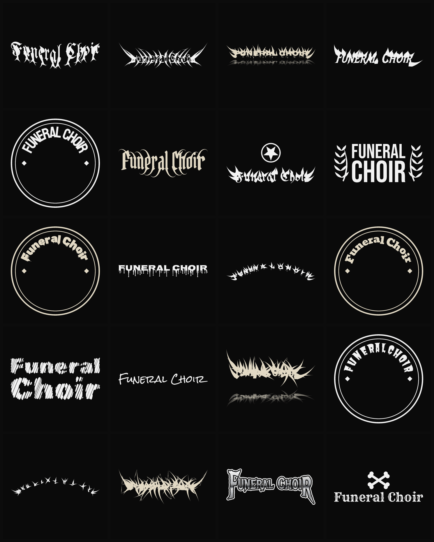 Twenty Funeral Choir band logo ideas — different faces, treatments and spike settings