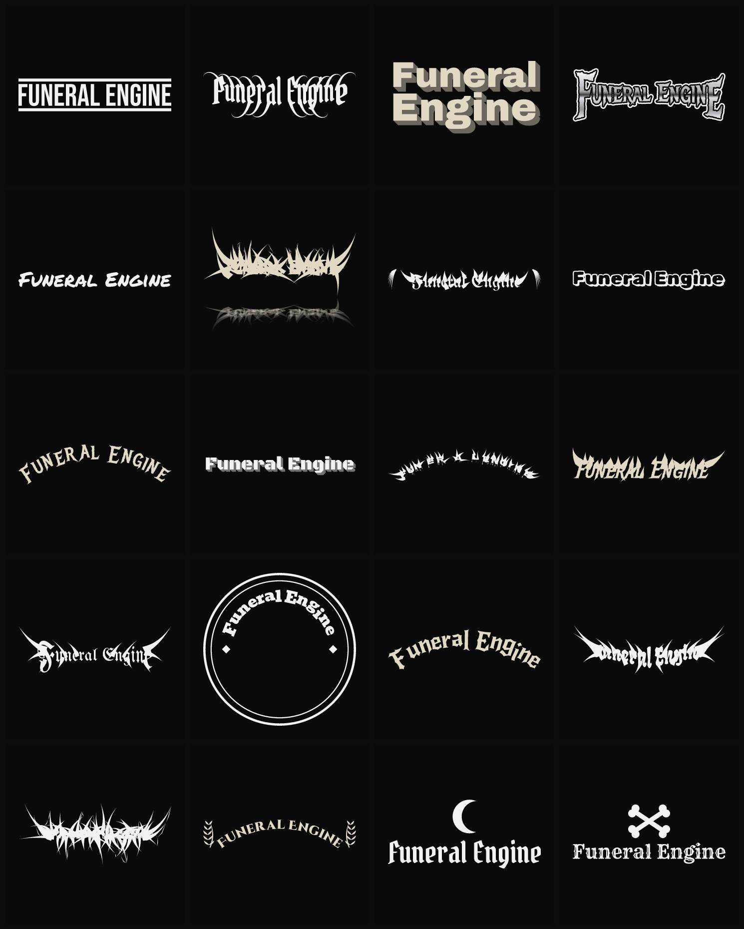 Twenty Funeral Engine band logo ideas — different faces, treatments and spike settings