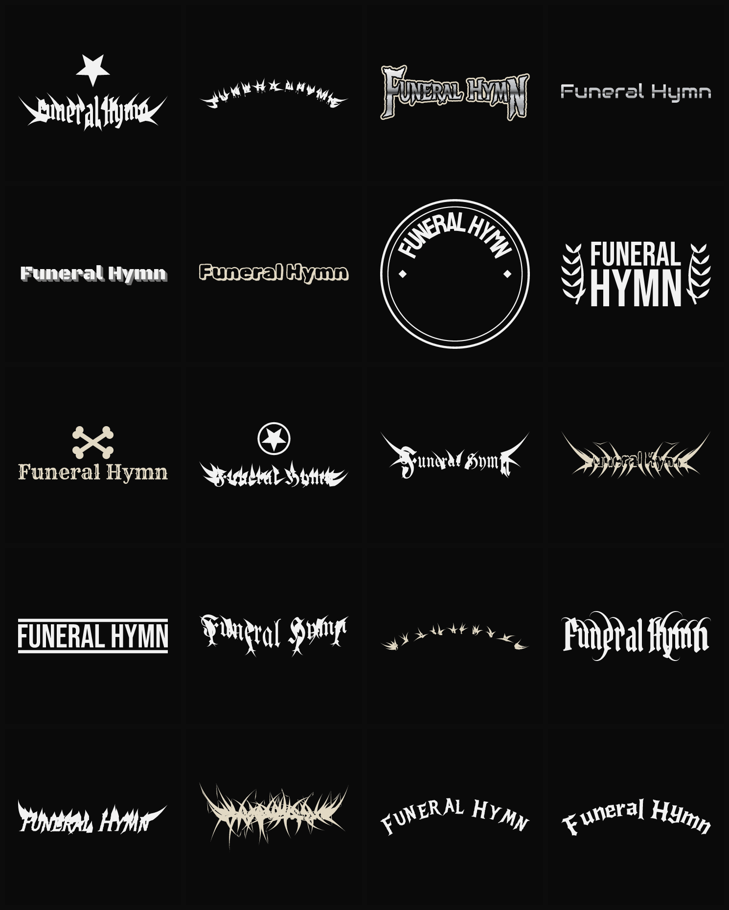 Twenty Funeral Hymn band logo ideas — different faces, treatments and spike settings