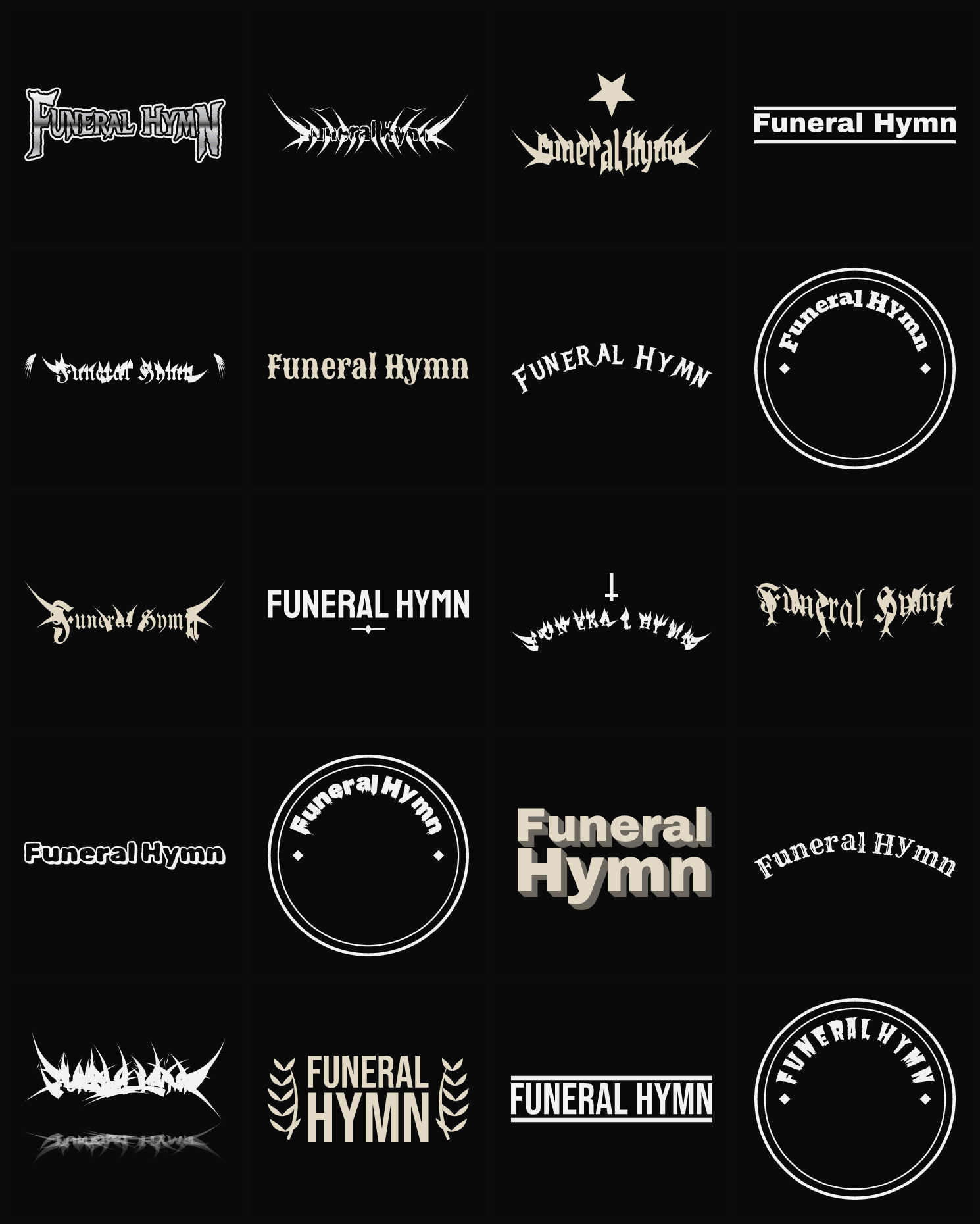 Twenty Funeral Hymn band logo ideas — different faces, treatments and spike settings