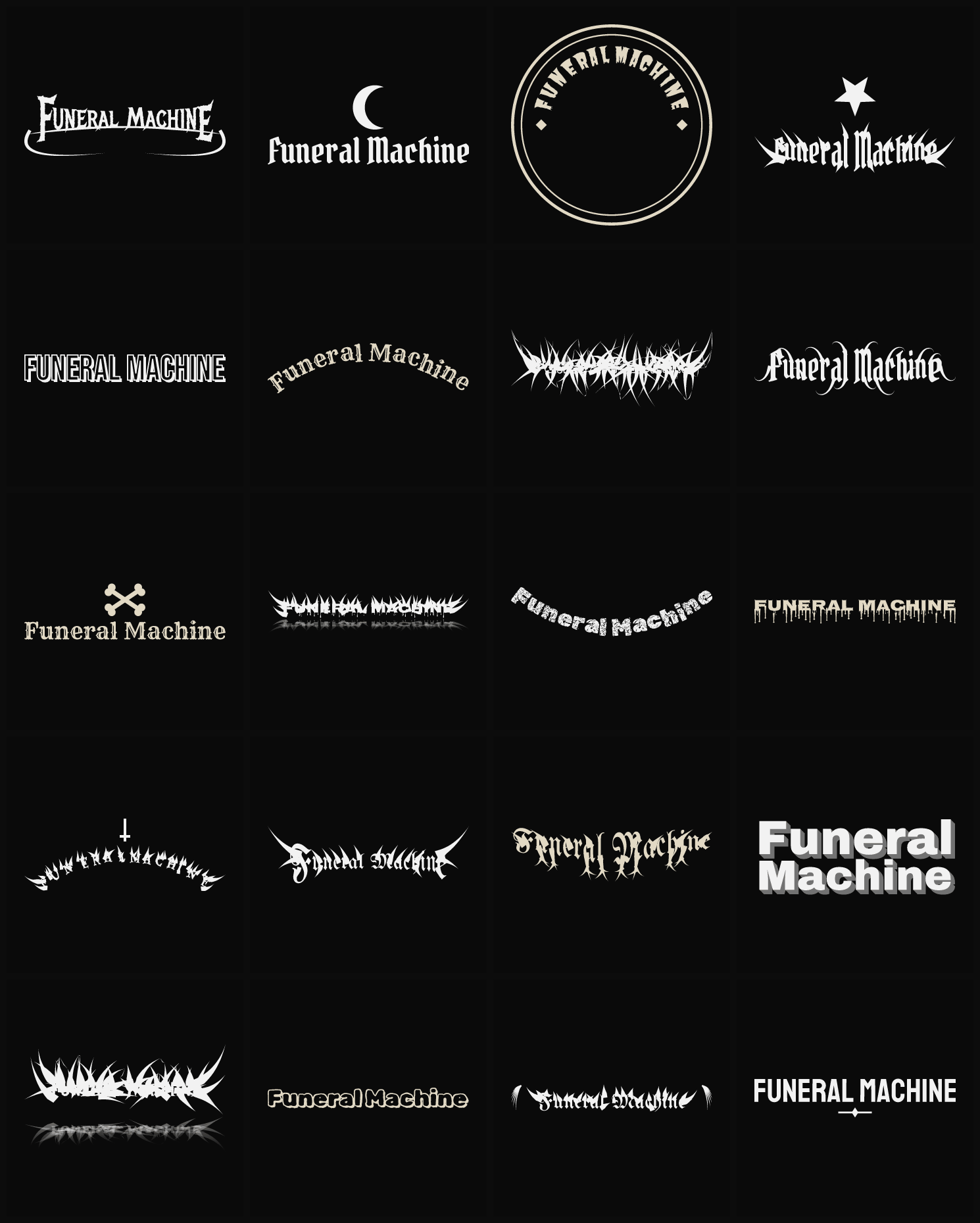 Twenty Funeral Machine band logo ideas — different faces, treatments and spike settings