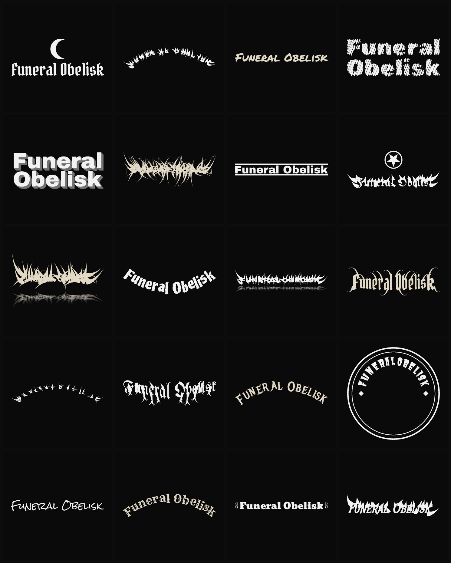 Twenty Funeral Obelisk band logo ideas — different faces, treatments and spike settings