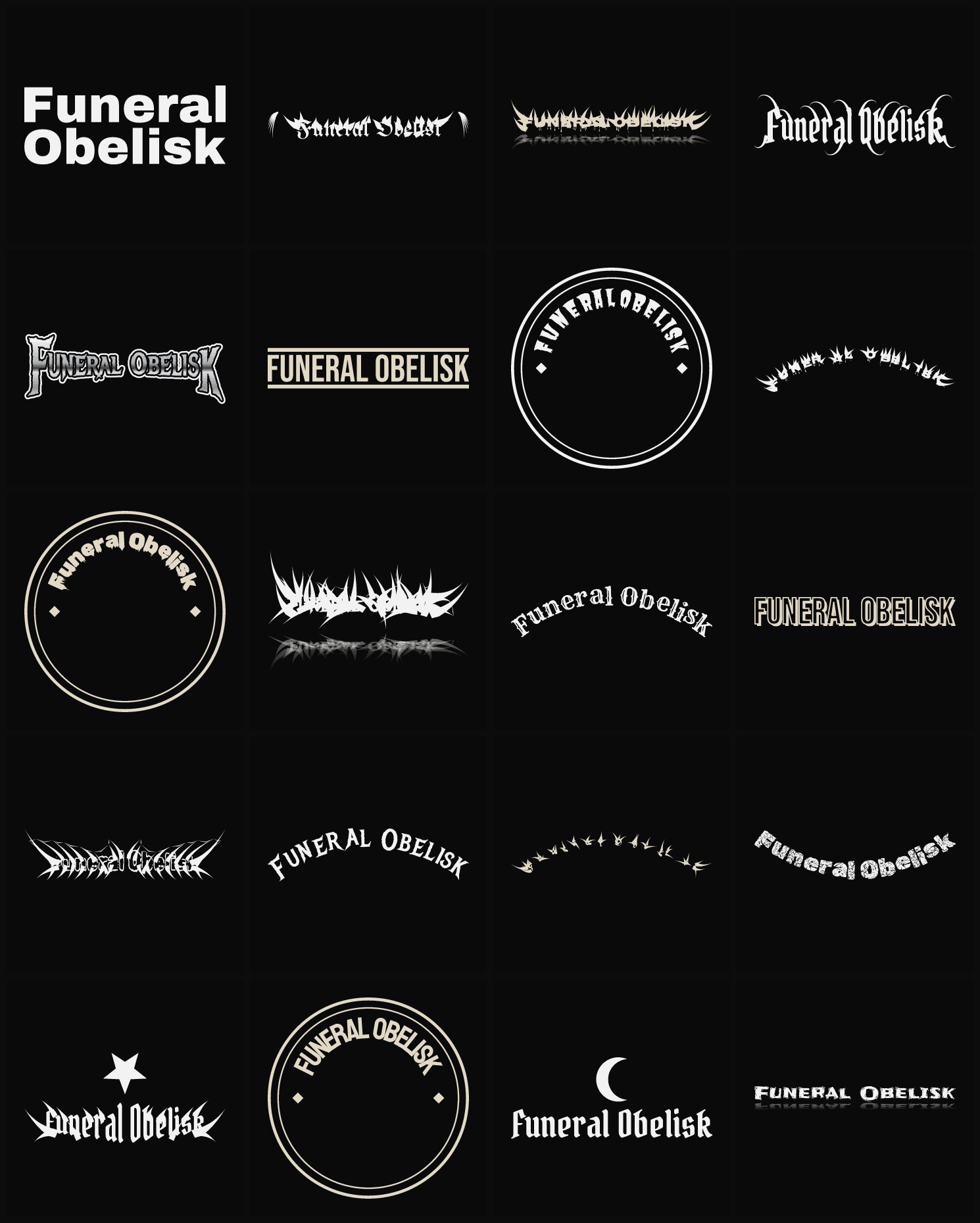 Twenty Funeral Obelisk band logo ideas — different faces, treatments and spike settings