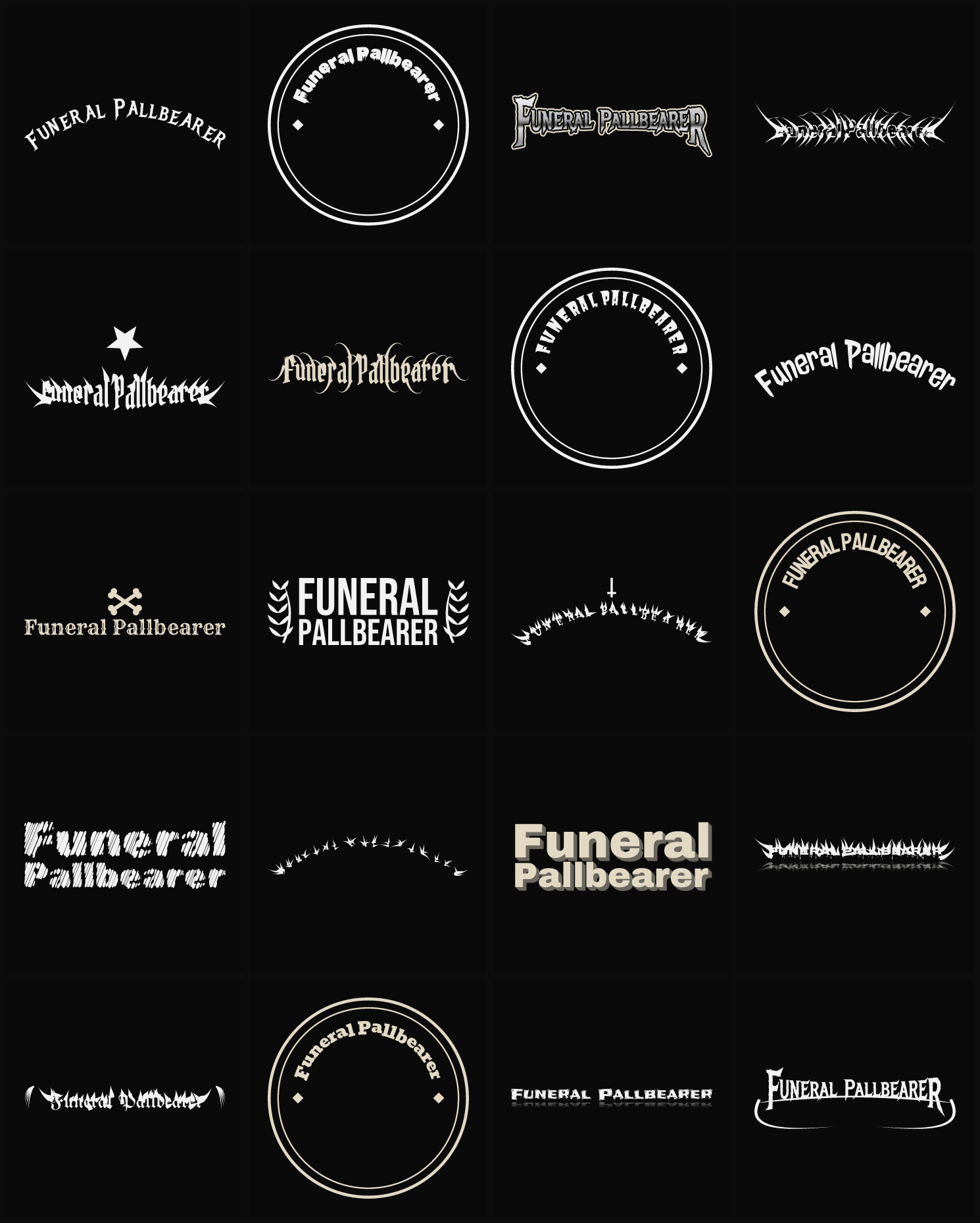 Twenty Funeral Pallbearer band logo ideas — different faces, treatments and spike settings