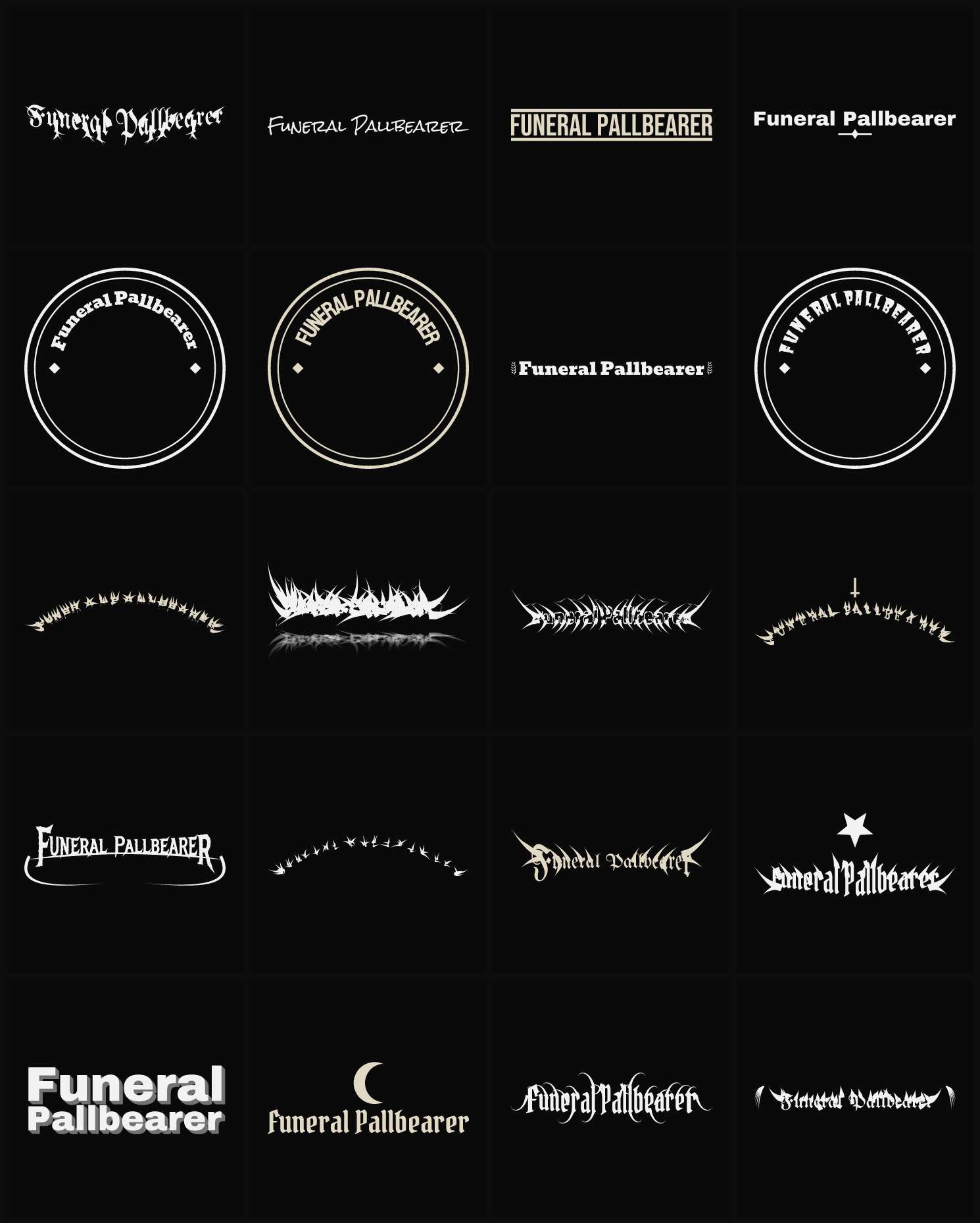 Twenty Funeral Pallbearer band logo ideas — different faces, treatments and spike settings