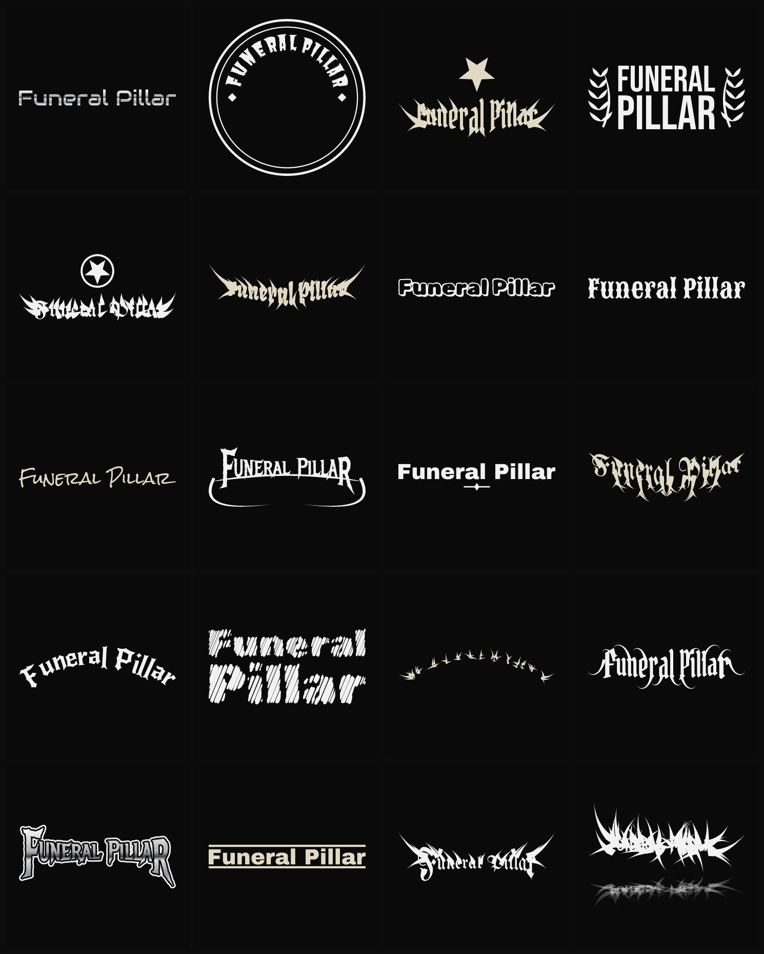 Twenty Funeral Pillar band logo ideas — different faces, treatments and spike settings