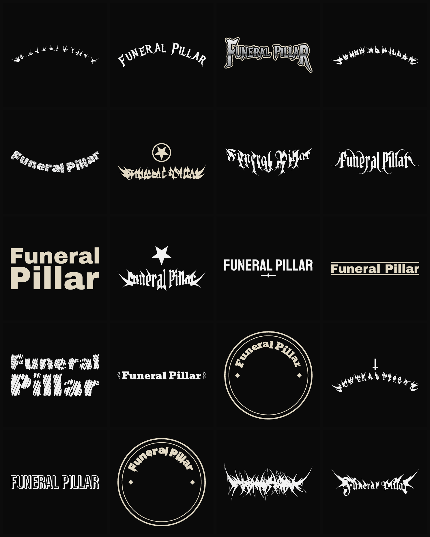 Twenty Funeral Pillar band logo ideas — different faces, treatments and spike settings